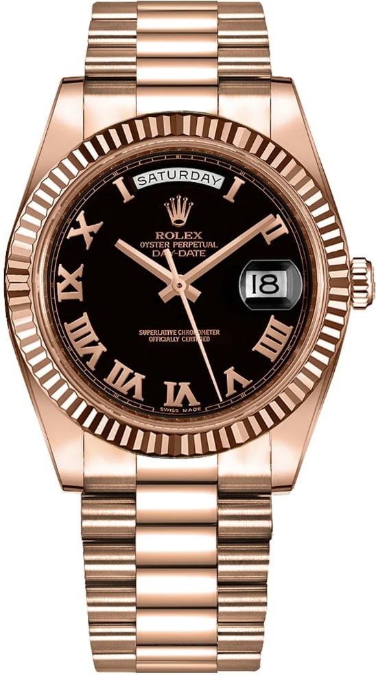Rolex 218235 Day-Date Mens Watch Black Roman Dial President Bracelet: Rolex 218235 Day-Date Mens Watch Black Roman Dial President Bracelet Rolex Day-Date men's watch, reference 218235, featuring a black Roman dial, fluted bezel, and President bracelet. The listing notes