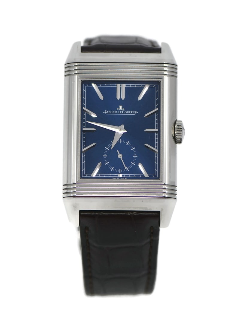 Jaeger-LeCoultre Reverso Tribute wristwatch in stainless steel blue dial Q3988481: Jaeger-LeCoultre Reverso Tribute wristwatch in stainless steel blue dial Q3988481 Pre-owned Jaeger-LeCoultre Reverso Tribute Small Seconds wristwatch with a classic rectangular design and manual movem