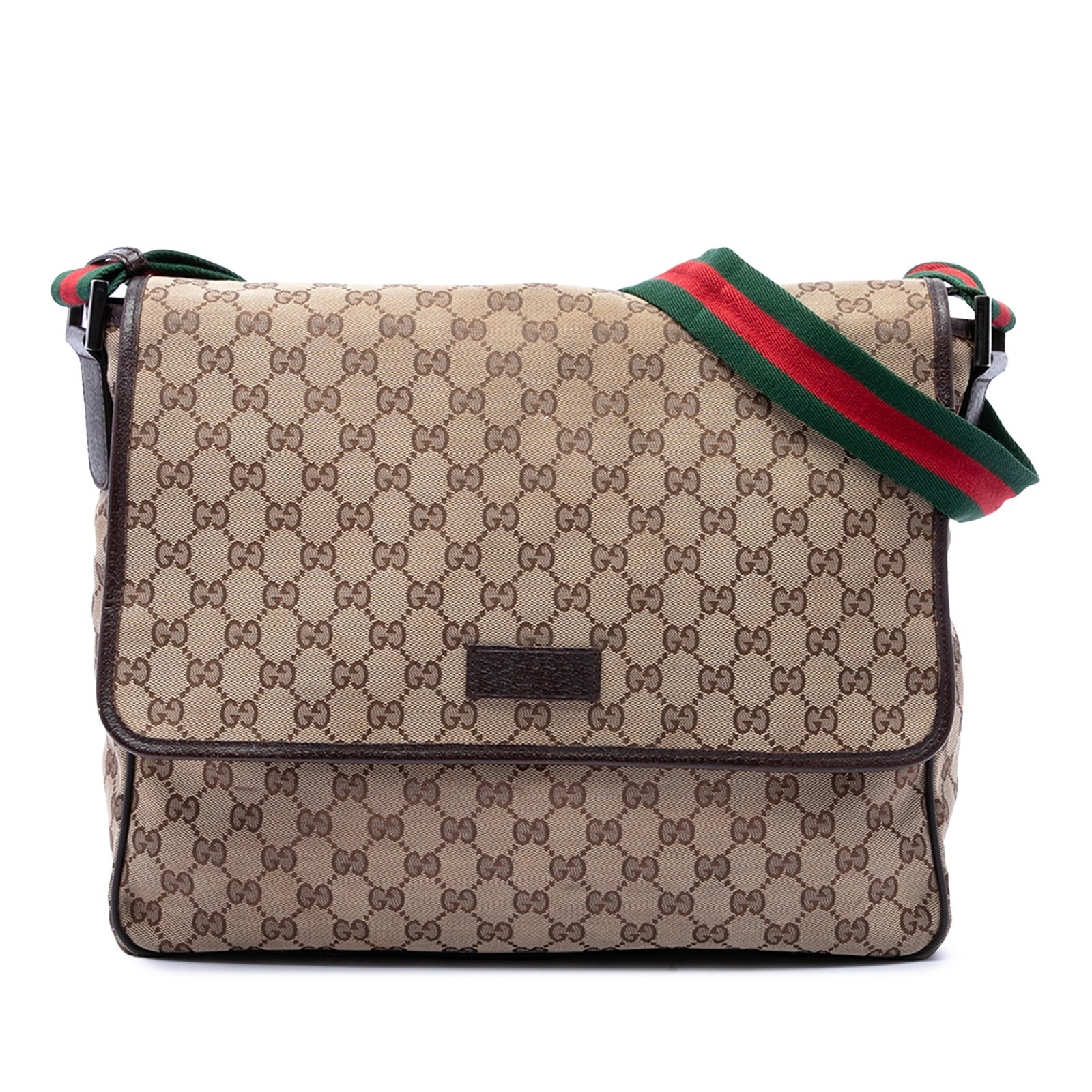 Gucci GG Canvas Crossbody Messenger Bag with Web Strap: Gucci GG Canvas Crossbody Messenger Bag with Web Strap Gucci GG Canvas Web Flap Messenger Bag with a beige canvas body and leather trim. This crossbody style features an adjustable flat web strap, a t