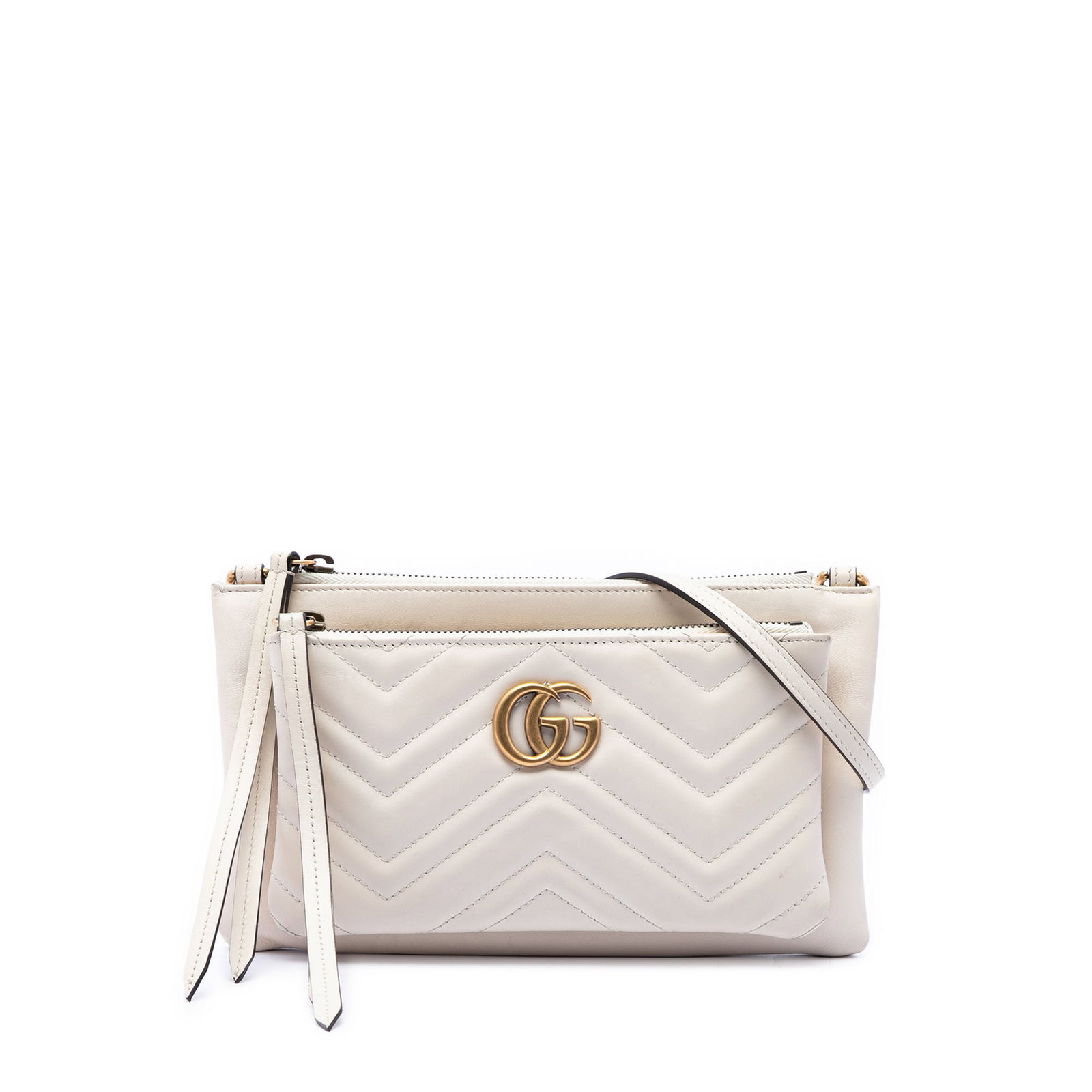Gucci GG Marmont Small Leather Double Zip Crossbody Pochette: Gucci GG Marmont Small Leather Double Zip Crossbody Pochette A Gucci Small GG Marmont Matelasse Calfskin Double Zip Pochette Crossbody in white quilted leather. This crossbody bag features an adjustab