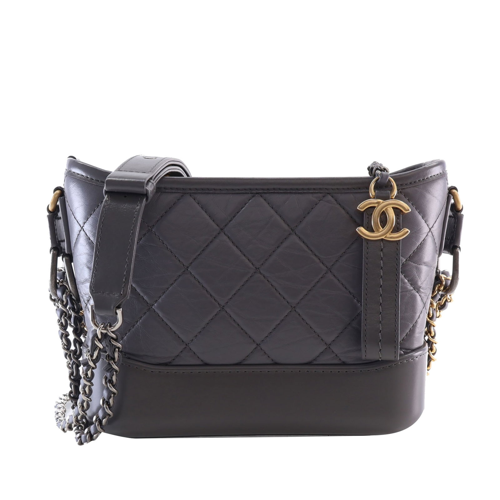 Chanel Gabrielle Hobo Small Gray Quilted Aged Calfskin Crossbody: Chanel Gabrielle Hobo Small Gray Quilted Aged Calfskin Crossbody A Chanel Gabrielle Hobo crafted in gray quilted aged calfskin with a leather-woven chain link and adjustable leather shoulder strap. Th