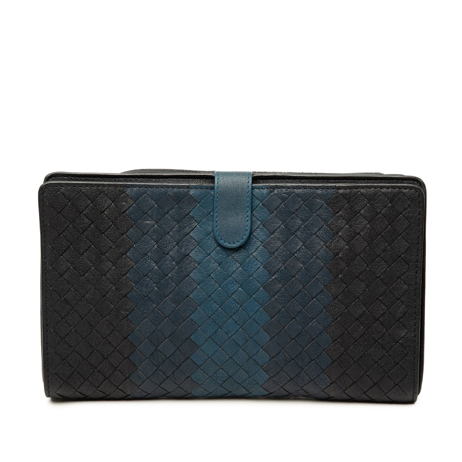Bottega Veneta Intrecciato Nappa Leather Wristlet Clutch: Bottega Veneta Intrecciato Nappa Leather Wristlet Clutch A Bottega Veneta multifunction clutch crafted in woven nappa leather with a tricolor Intrecciato design. The bag features a front flap compartm