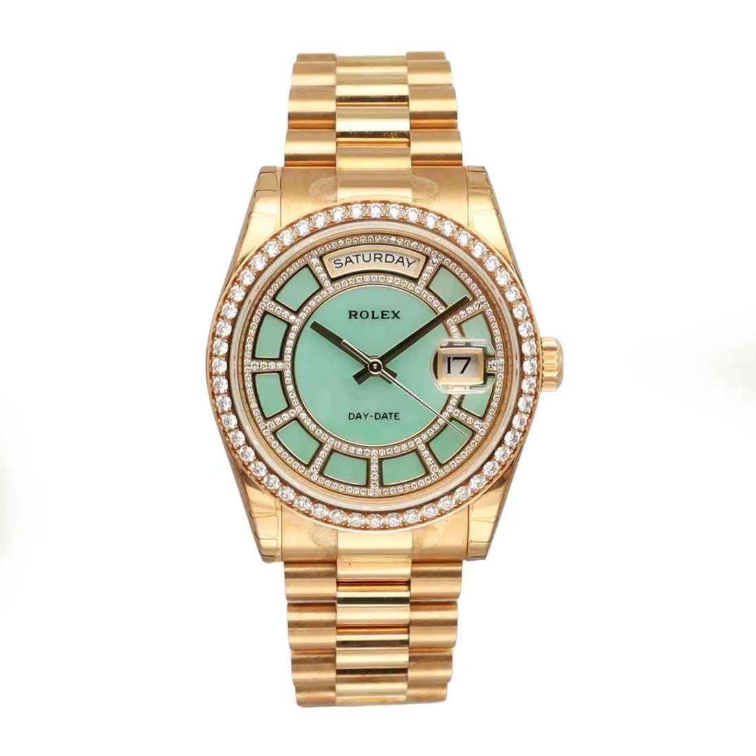 Rolex 118348 Day-Date 36mm Yellow Gold Watch Green Jade Diamond Dial: Rolex 118348 Day-Date 36mm Yellow Gold Watch Green Jade Diamond Dial Rolex Day-Date wristwatch featuring a rare green jade carousel diamond dial and yellow gold bracelet. This un-worn New Old Stock ex