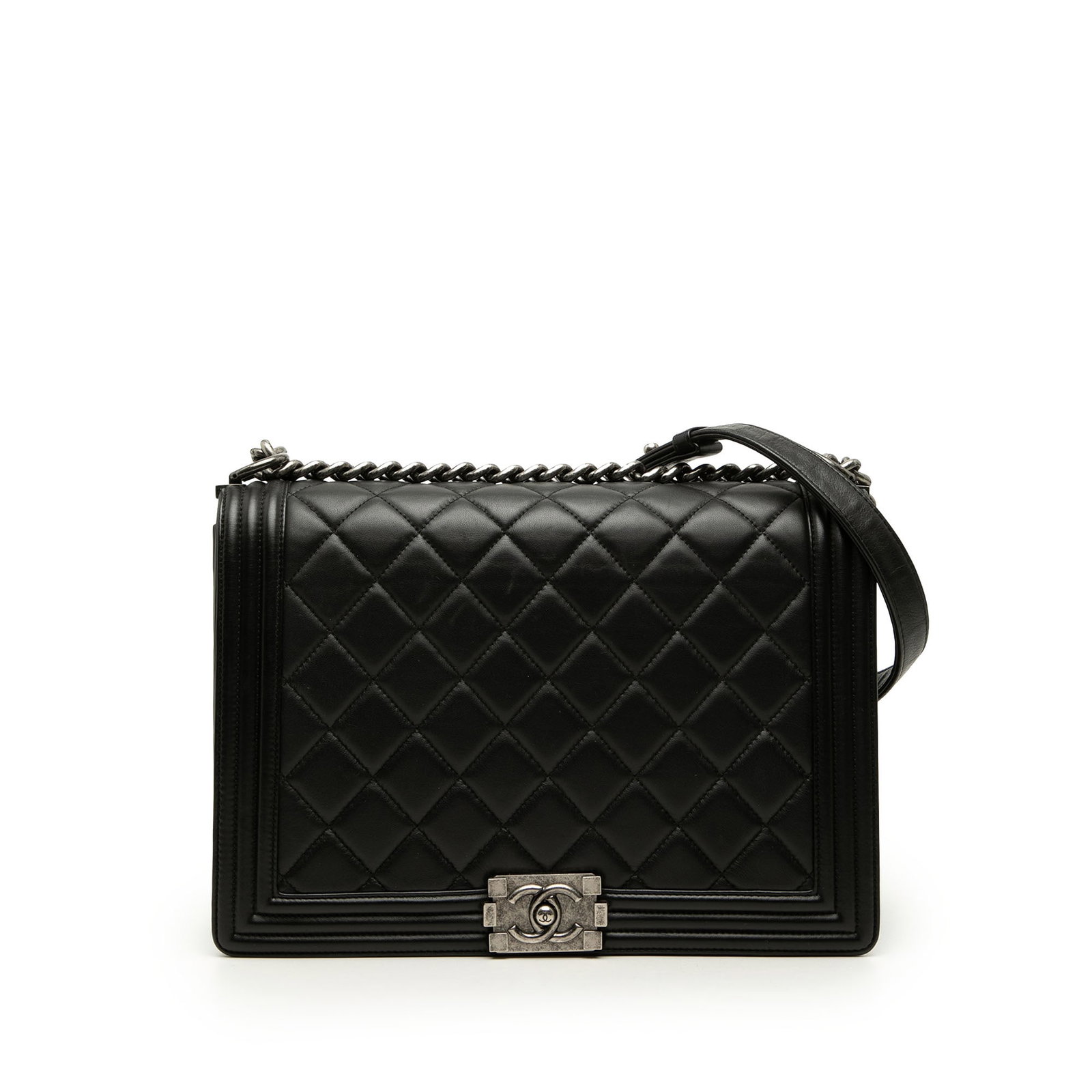 Chanel Boy Flap Large Black Quilted Lambskin Shoulder Bag: Chanel Boy Flap Large Black Quilted Lambskin Shoulder Bag A Chanel Large Boy Flap bag crafted in black quilted lambskin leather. This flap-style bag features a curb chain strap with a leather shoulder