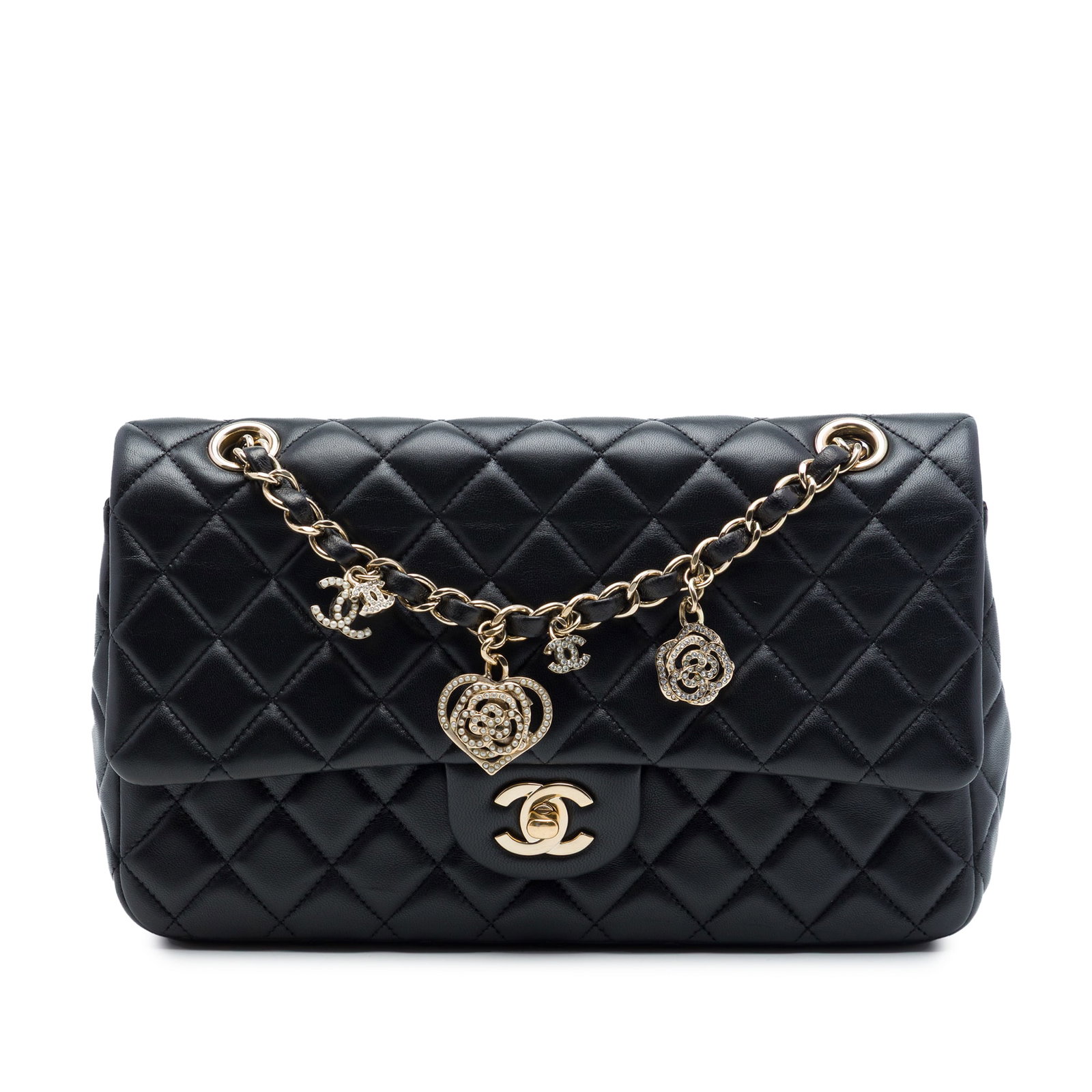 Chanel Medium Classic Single Flap Lambskin Bag with Heart Charms: Chanel Medium Classic Single Flap Lambskin Bag with Heart Charms Medium Classic Lambskin Valentines Heart Charms Single Flap bag with a quilted lambskin body, leather-woven chain shoulder strap with c