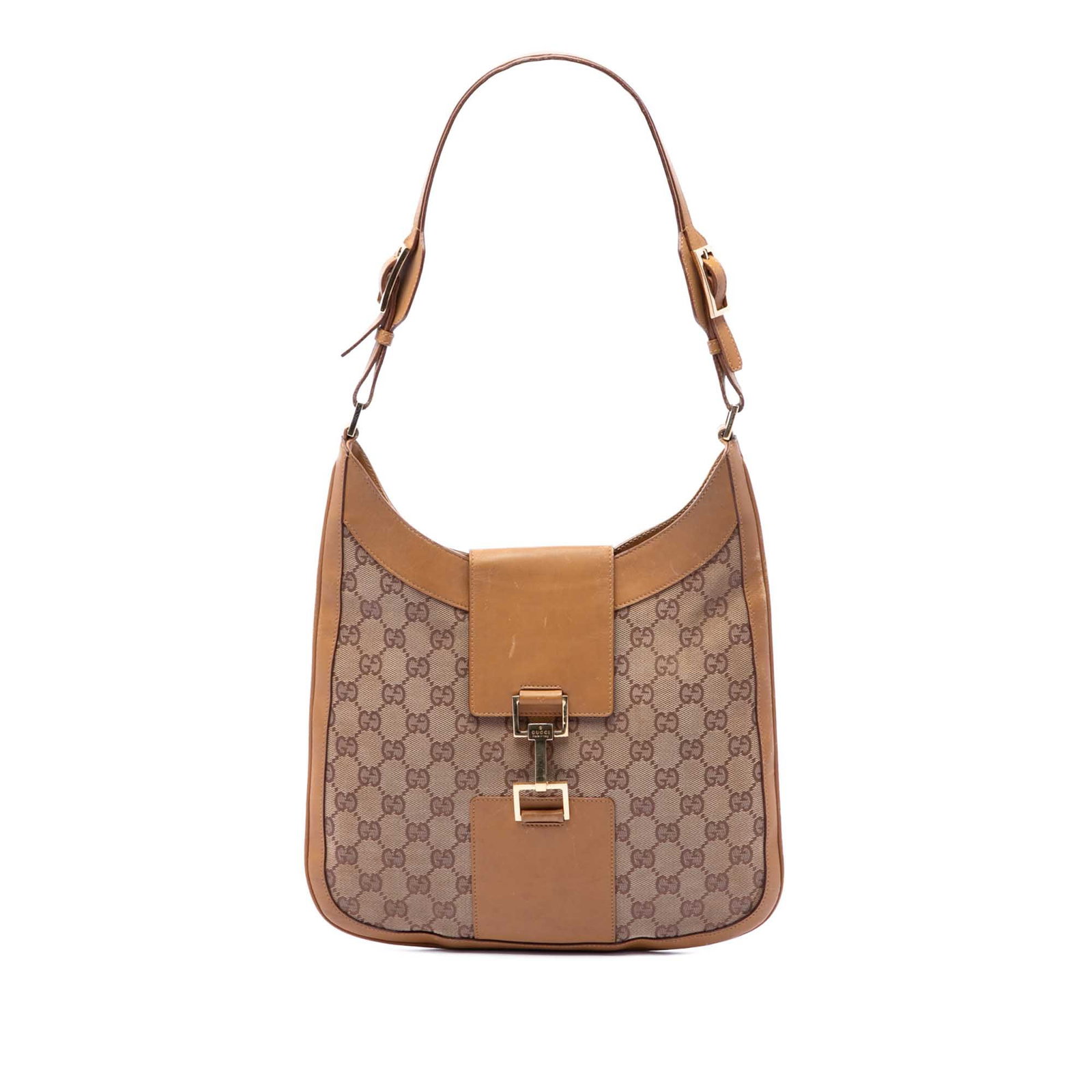 Gucci Jackie GG Canvas Shoulder Bag Beige Leather Trim: Gucci Jackie GG Canvas Shoulder Bag Beige Leather Trim Gucci GG Canvas Jackie shoulder bag crafted with a beige canvas body and leather trim. The design features a flat leather shoulder strap, a top s