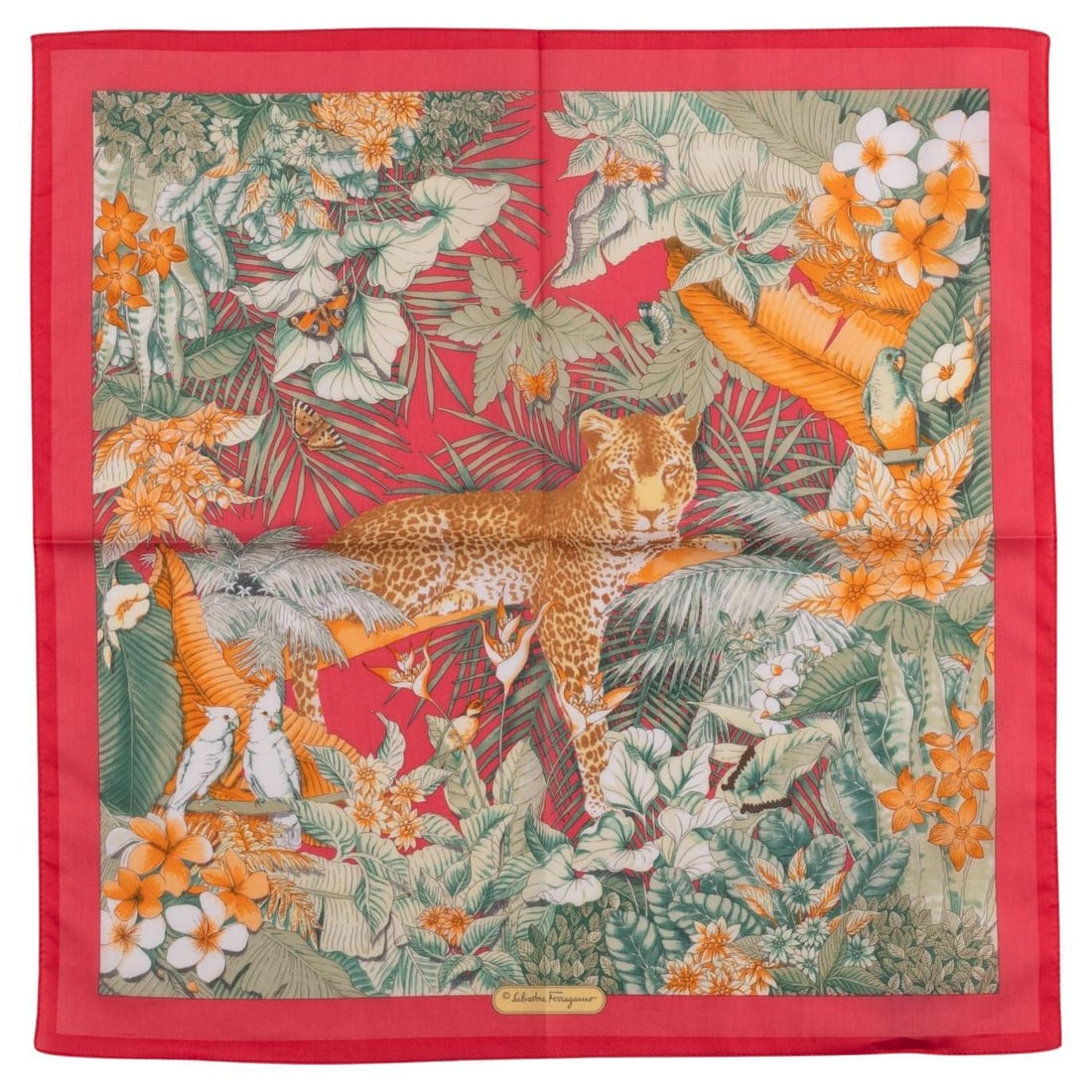Ferragamo Jungle Cotton Scarf in Red with Box: Ferragamo Jungle Cotton Scarf in Red with Box Ferragamo "Jungle" cotton scarf in red. This 21st-century piece comes with tag, ribbon, and original box. Condition is un-used. Specifications Brand: Ferr