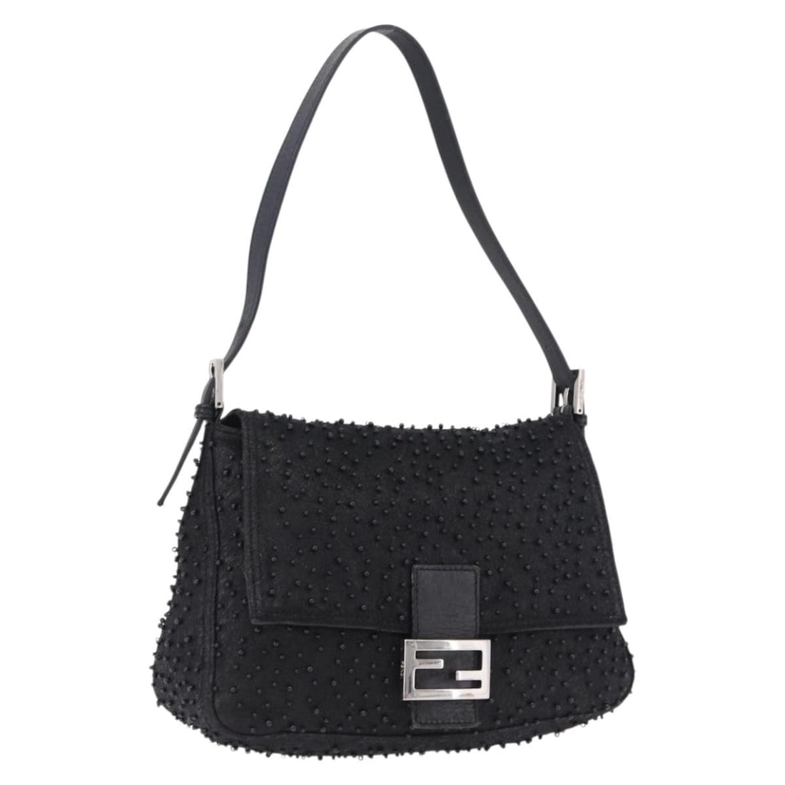 FENDI 8BR001 Mamma Baguette Shoulder Bag Black Leather Beaded Silver (1 of 18)