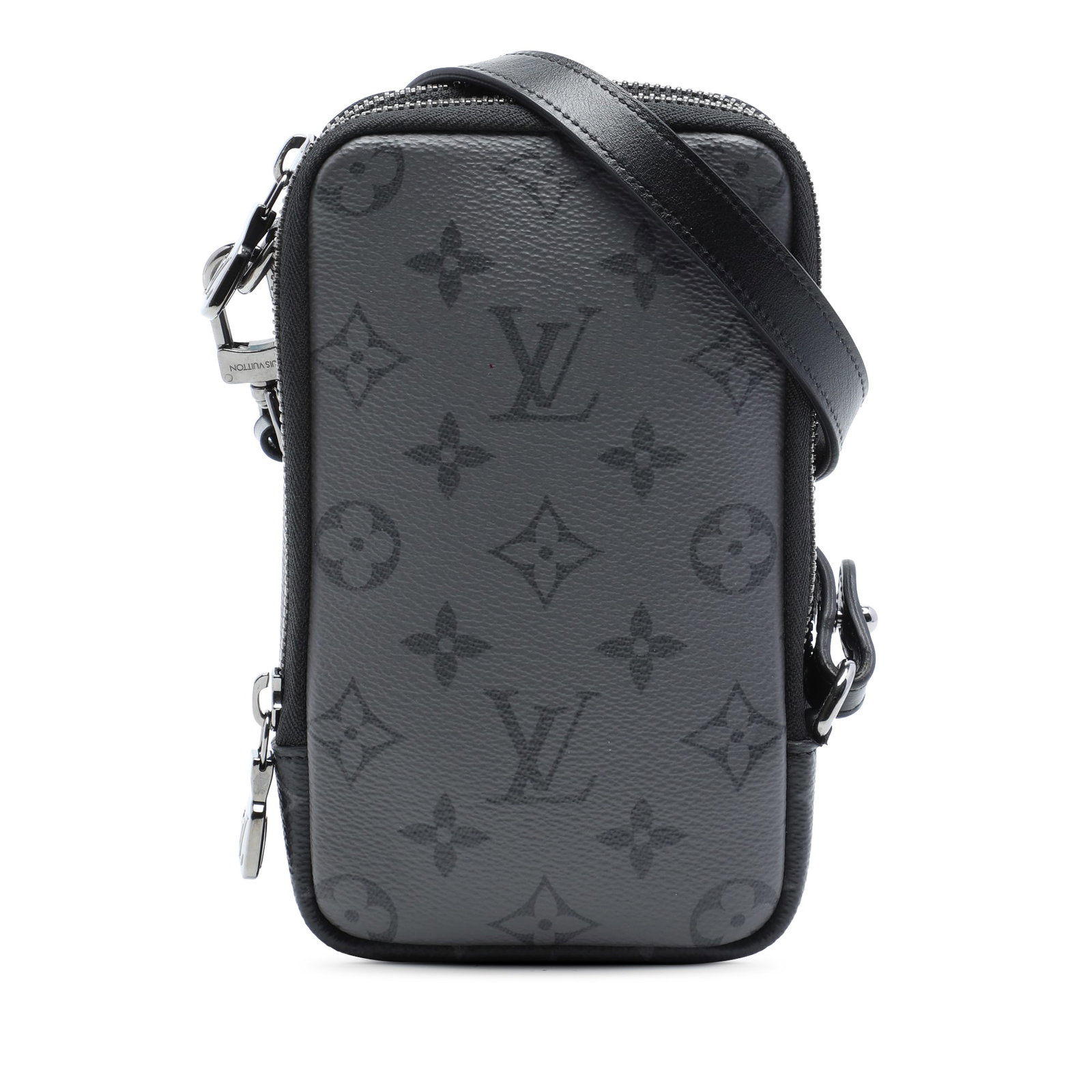 Louis Vuitton Double Phone Pouch Monogram Eclipse Reverse Bag: Louis Vuitton Double Phone Pouch Monogram Eclipse Reverse Bag Louis Vuitton Monogram Eclipse Reverse Double Phone Pouch with a canvas body, detachable flat strap, and dual zip-around closures. Made in