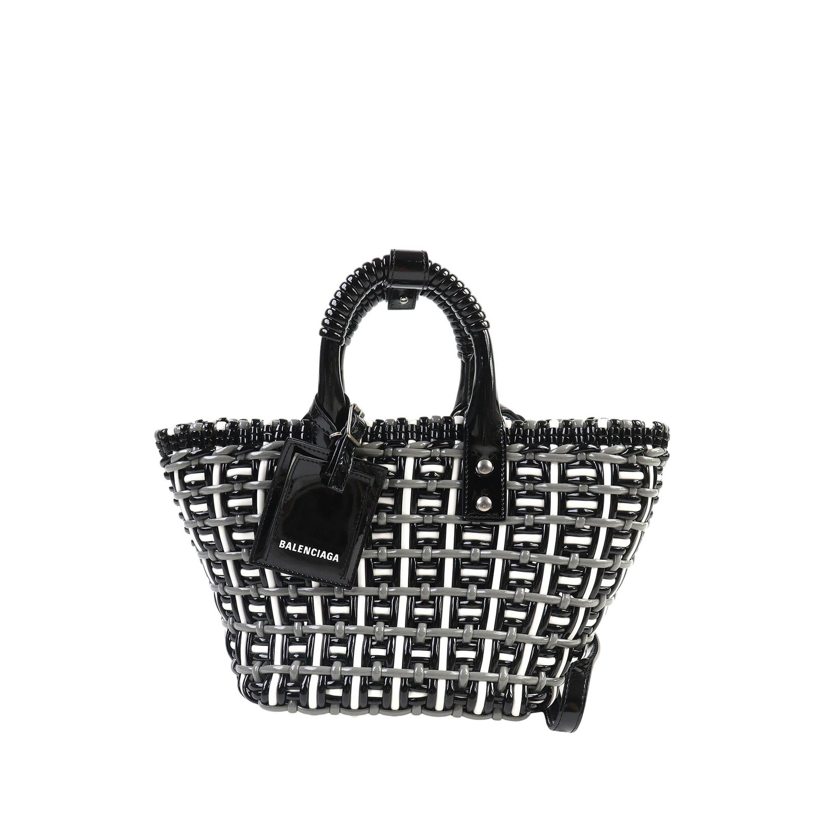 Balenciaga XS Bistro Basket Bag Gray Faux Leather Satchel: Balenciaga XS Bistro Basket Bag Gray Faux Leather Satchel Balenciaga Faux Leather Bistro Basket Bag XS in gray with a braided faux leather body, rolled handles, and a detachable flat strap. The open-t