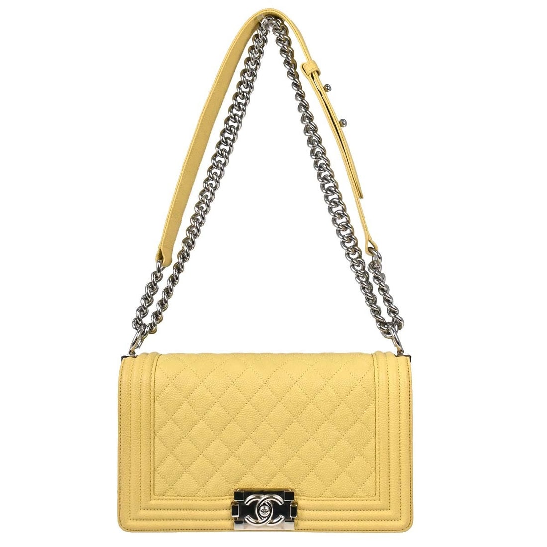CHANEL Boy Medium Shoulder Bag Yellow Caviar Leather Chain Strap: CHANEL Boy Medium Shoulder Bag Yellow Caviar Leather Chain Strap Chanel Boy medium shoulder bag in yellow caviar skin leather with a structured square silhouette, push-lock closure, quilted accents, a
