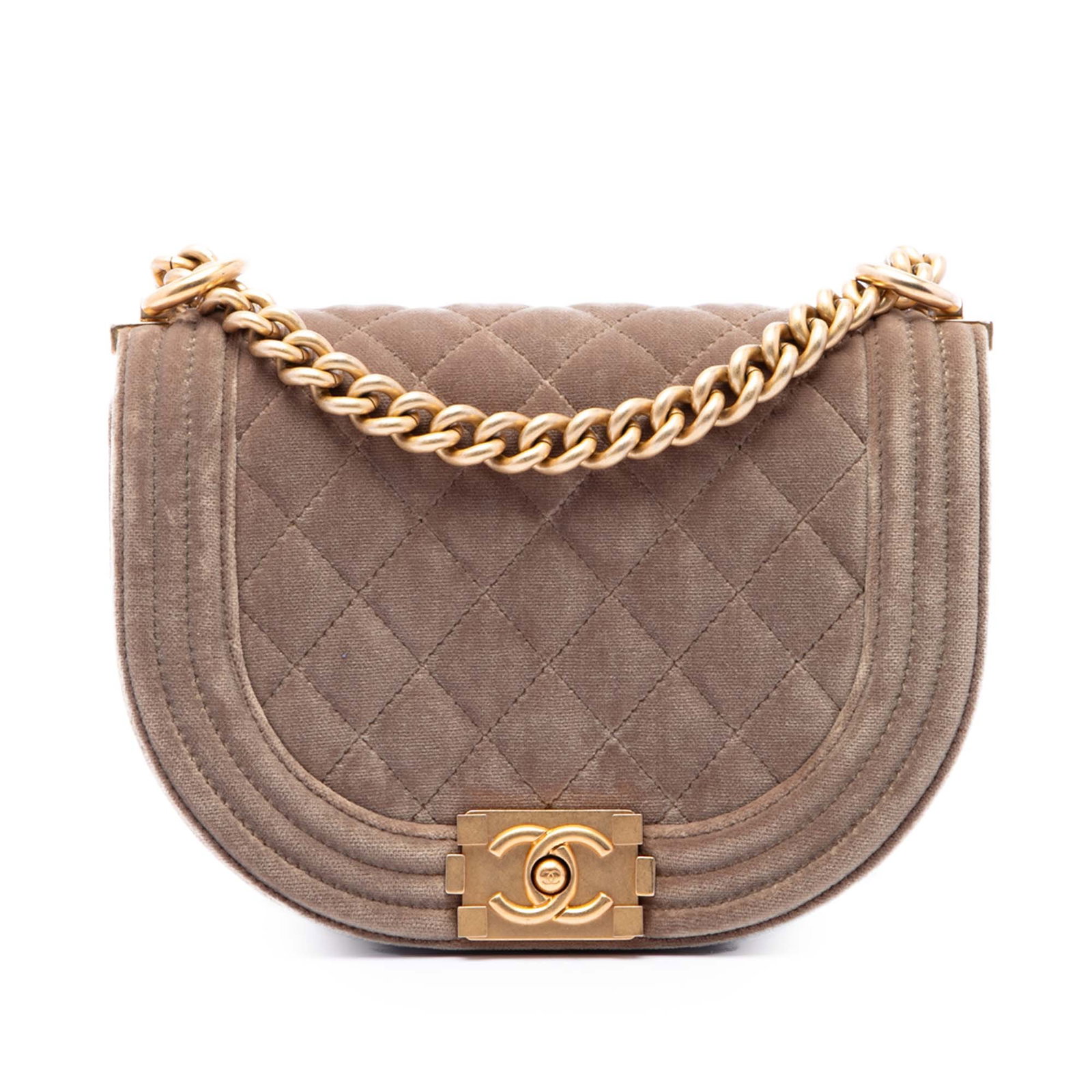 Chanel Boy Small Messenger Bag in Quilted Brown Velvet: Chanel Boy Small Messenger Bag in Quilted Brown Velvet A Chanel Boy messenger bag crafted with a quilted velvet body and an adjustable flat leather strap with curb chain detail. The design includes a 