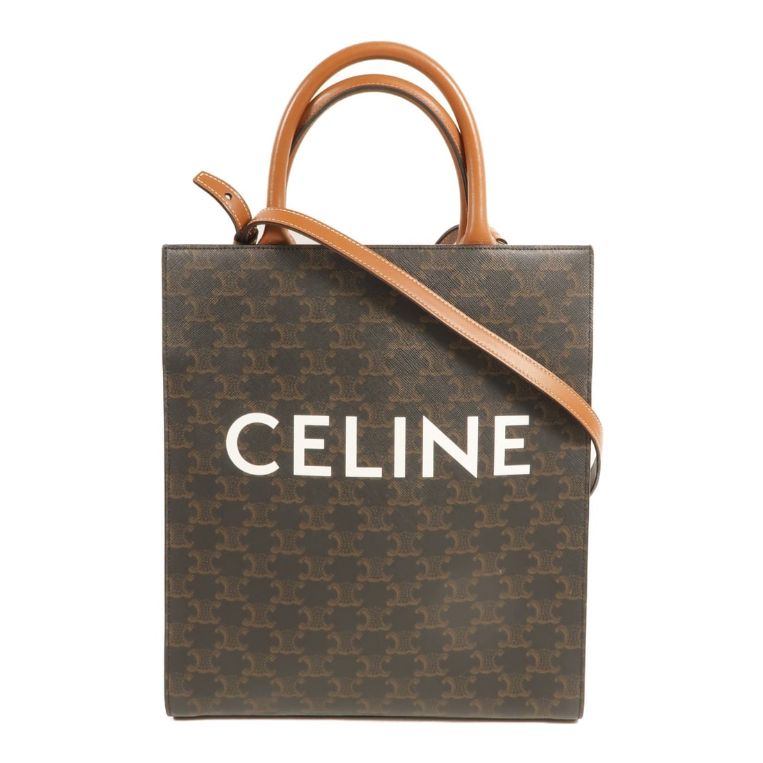 CELINE Triomphe Cabas Brown PVC Coated Canvas 2way Bag: CELINE Triomphe Cabas Brown PVC Coated Canvas 2way Bag Celine Triomphe Cabas 2-way shoulder bag in brown PVC coated canvas. This women's bag features an interior zip pocket and includes both handle an