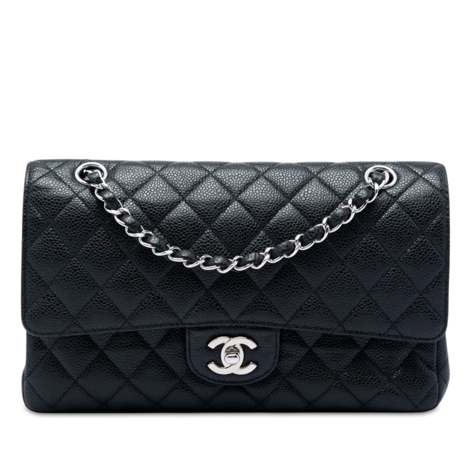 Chanel Medium Classic Double Flap Shoulder Bag in Black Caviar Leather: Chanel Medium Classic Double Flap Shoulder Bag in Black Caviar Leather A Chanel Medium Classic Caviar Double Flap shoulder bag crafted in black quilted caviar leather. It features an exterior back sli