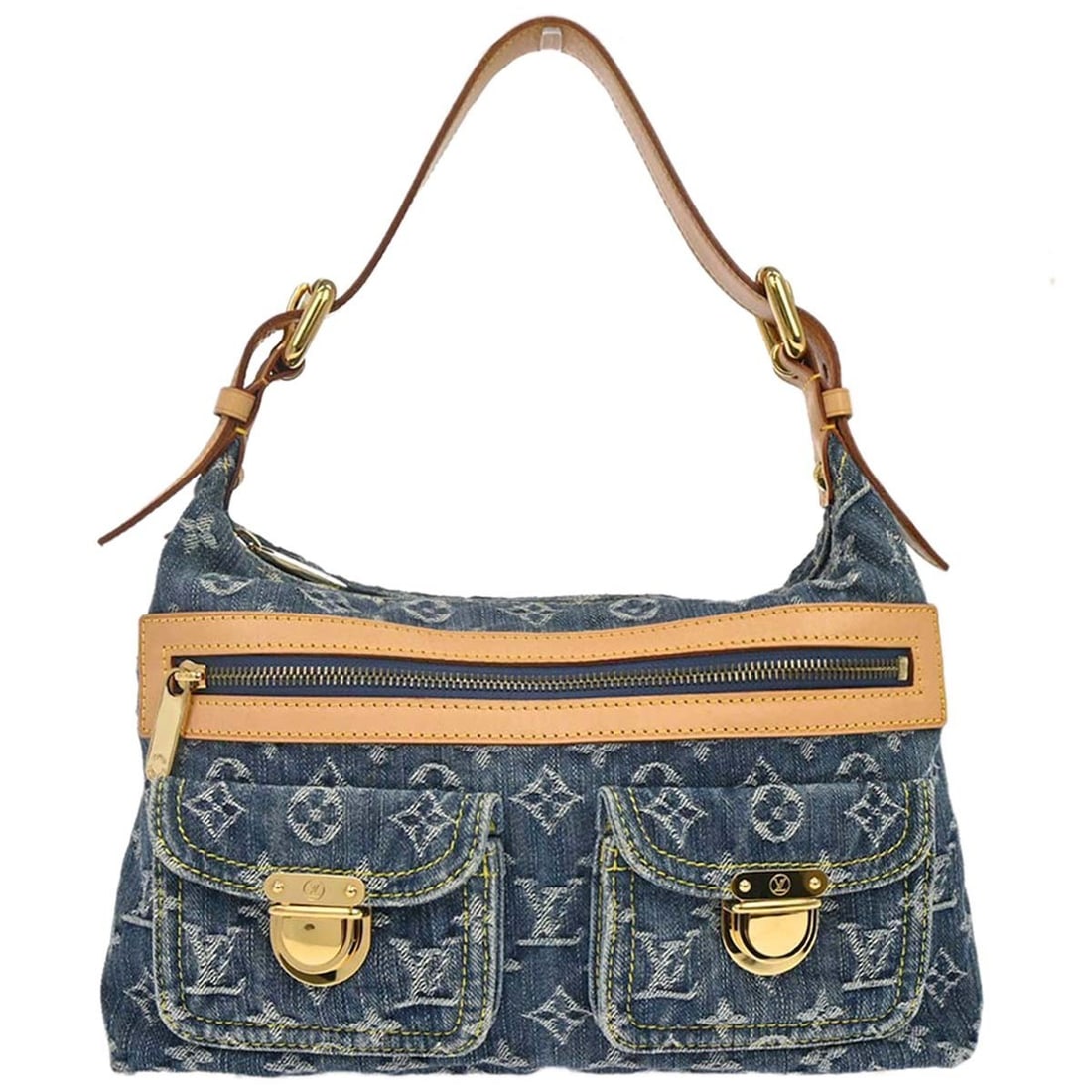Louis Vuitton Baggy PM Blue Monogram Denim Shoulder Bag M95049: Louis Vuitton Baggy PM Blue Monogram Denim Shoulder Bag M95049 Vintage Louis Vuitton Baggy PM shoulder bag in blue Monogram denim with leather trim and a yellow Alcantara lining. This medium bag featu