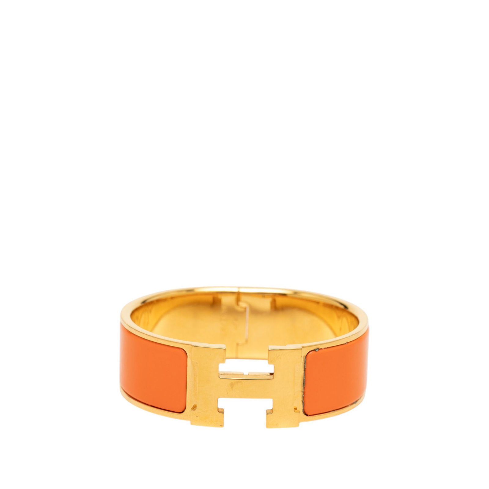 Hermes Clic Clac H GM Wide Enamel Bracelet: Hermes Clic Clac H GM Wide Enamel Bracelet Hermes Wide Enamel Clic Clac H Bracelet GM in orange with a gold plated metal body, enamel detailing, and the signature H clasp closure. Made in France. Cond