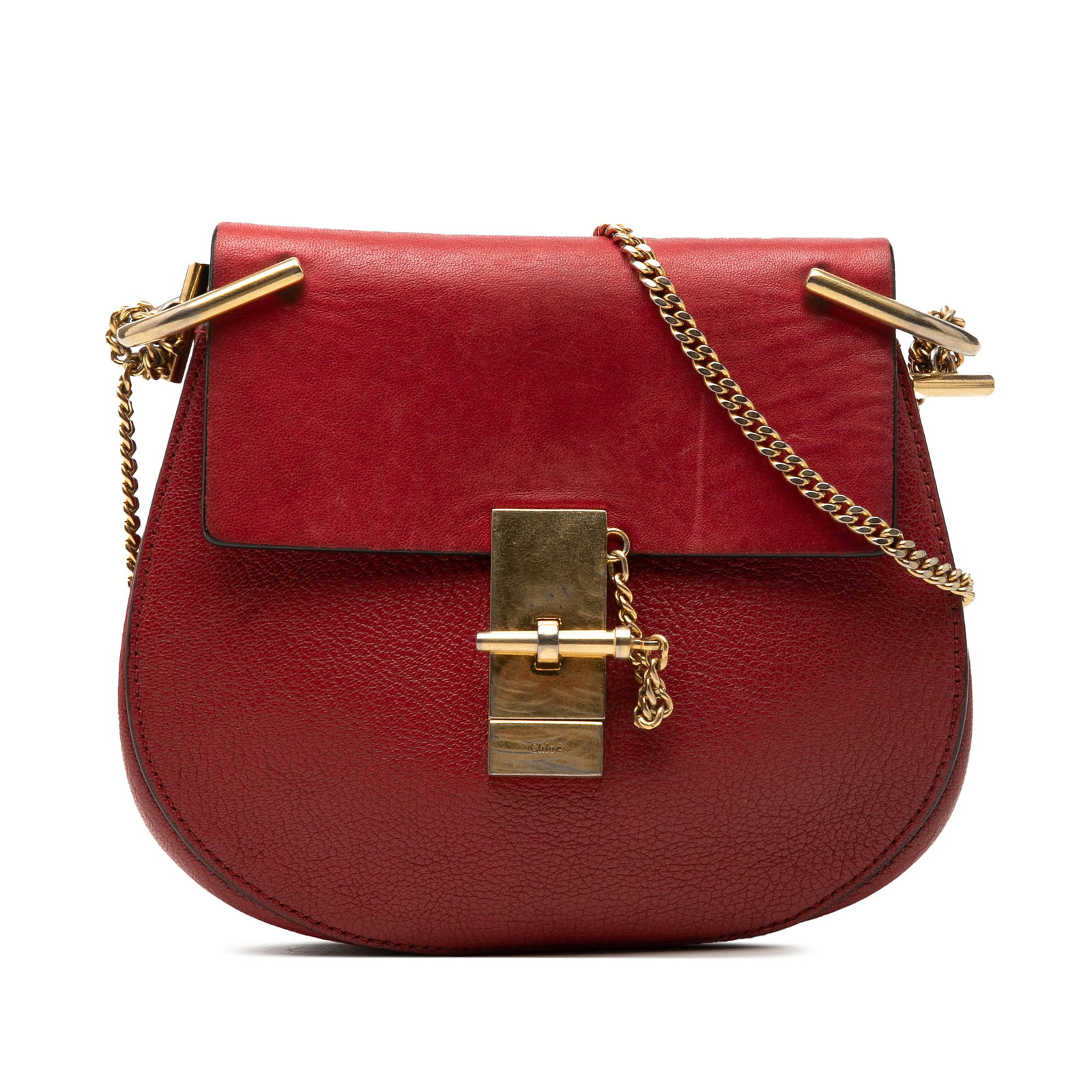 Chloe Drew Small Crossbody Bag in Red Calfskin: Chloe Drew Small Crossbody Bag in Red Calfskin Chloe Drew crossbody bag in smooth and grained calfskin leather. This red bag features a chain link strap, a front flap with pin-lock closure, and an int