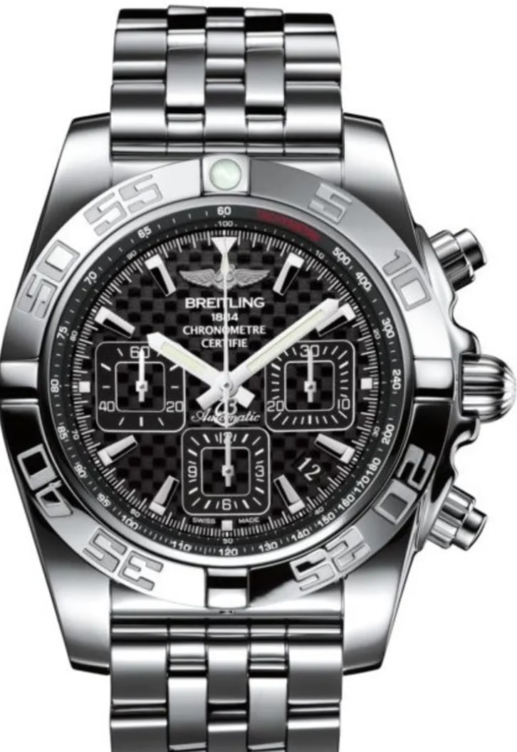 Breitling Chronomat Mens Watch Ref. AB0110 AB0110121B2A1 Black Carbon Dial: Breitling Chronomat Mens Watch Ref. AB0110 AB0110121B2A1 Black Carbon Dial Breitling Chronomat men's watch featuring a black carbon dial, rotating bezel, and stainless steel bracelet. Includes card da