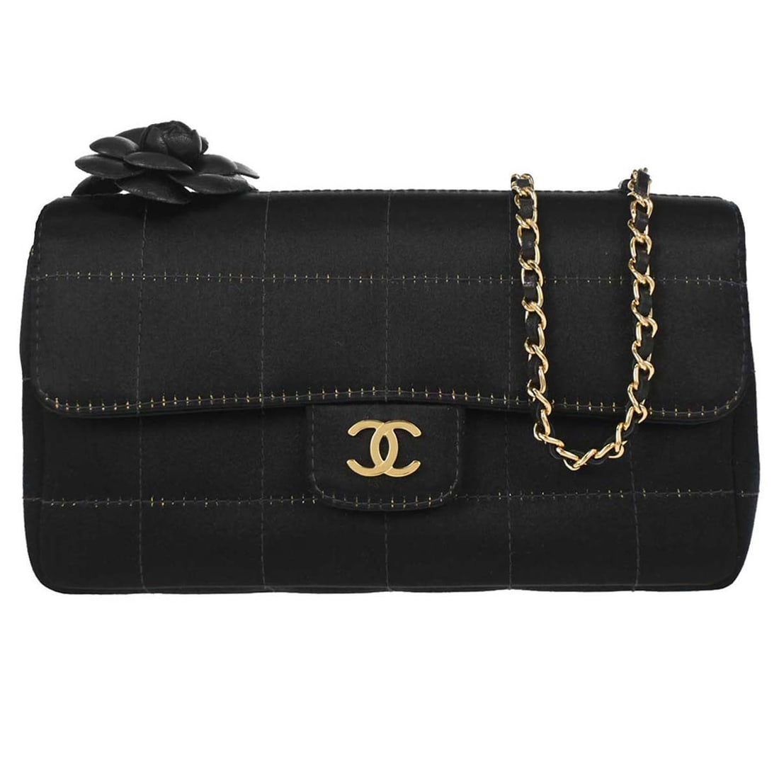 CHANEL Camellia Choco Bar Mini Satin Shoulder Bag Black: CHANEL Camellia Choco Bar Mini Satin Shoulder Bag Black Elegant and compact, this Chanel Camellia Choco Bar shoulder bag is crafted in black satin with lambskin lining and signature logo accents. The 