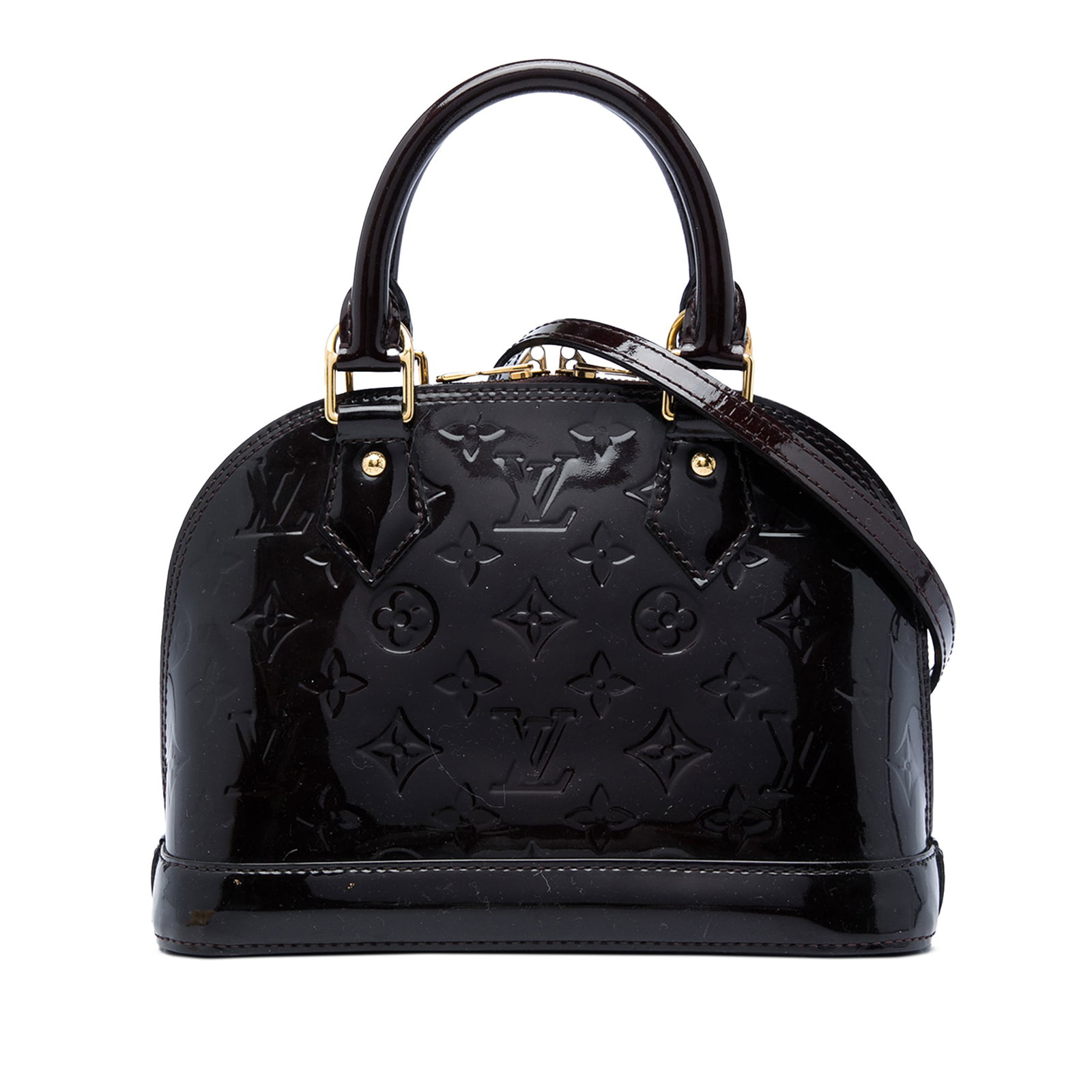 Louis Vuitton Alma BB Monogram Vernis Leather Handbag: Louis Vuitton Alma BB Monogram Vernis Leather Handbag Louis Vuitton Monogram Vernis Alma BB handbag in purple vernis leather with rolled leather handles, a detachable flat strap, top zip-around closur