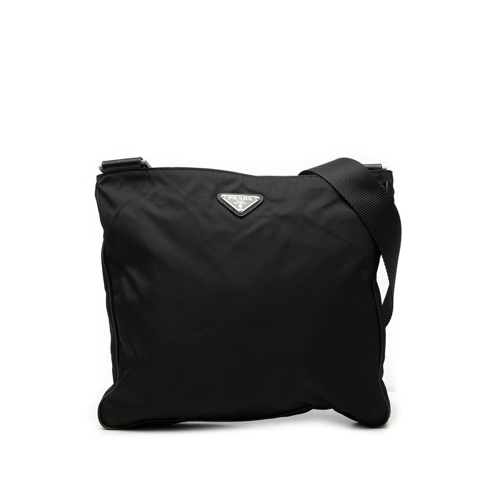 Prada Tessuto Crossbody Bag with Saffiano Trim Black Nylon: Prada Tessuto Crossbody Bag with Saffiano Trim Black Nylon Prada crossbody bag crafted with a nylon body and Saffiano trim. It features an adjustable flat strap, a top zip closure, an exterior back zi