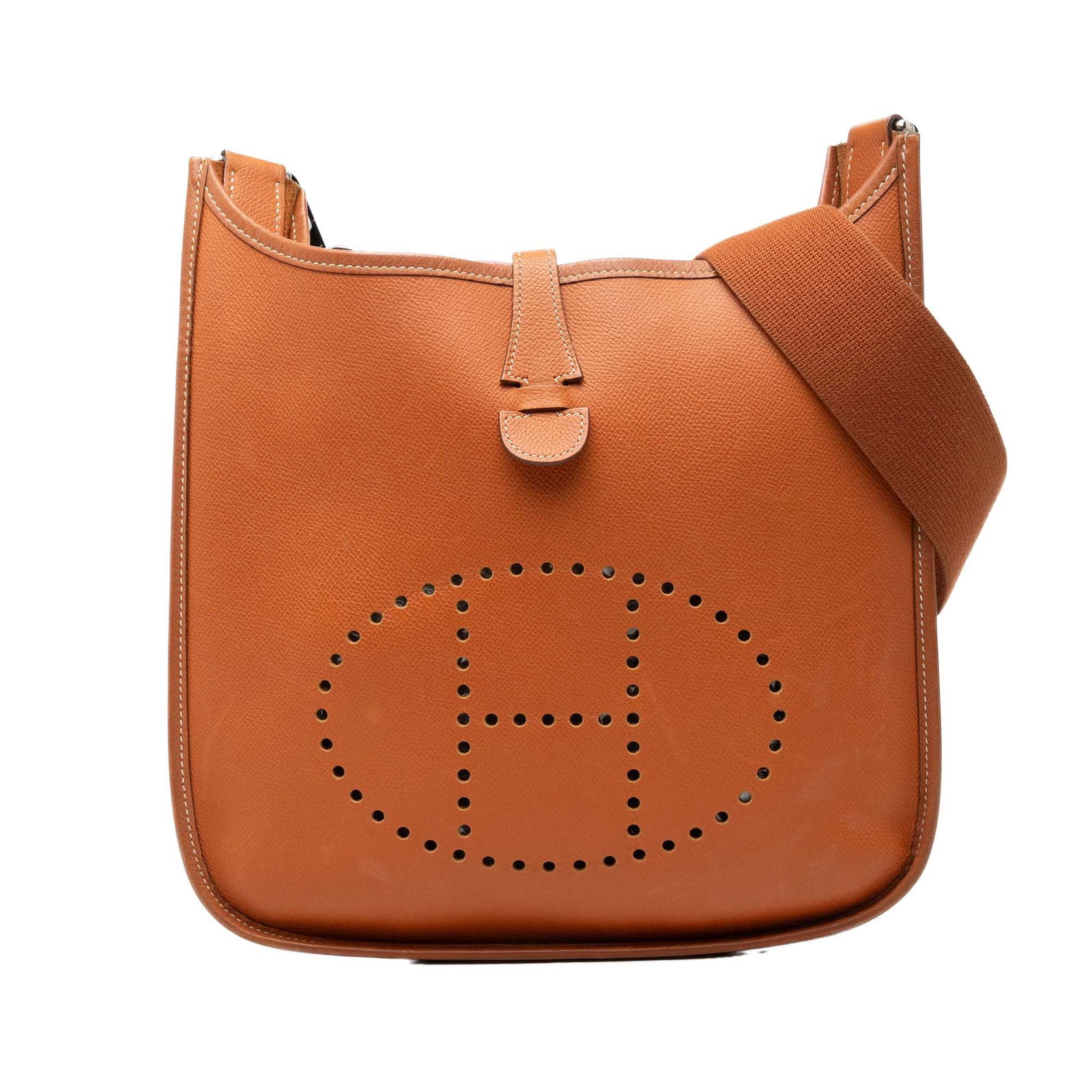 Hermes Evelyne II PM Clemence Leather Shoulder Bag Gold: Hermes Evelyne II PM Clemence Leather Shoulder Bag Gold Hermes Evelyne II PM shoulder bag crafted in Clemence leather in Gold with a detachable flat canvas strap, open top with tuck closure, and an ex