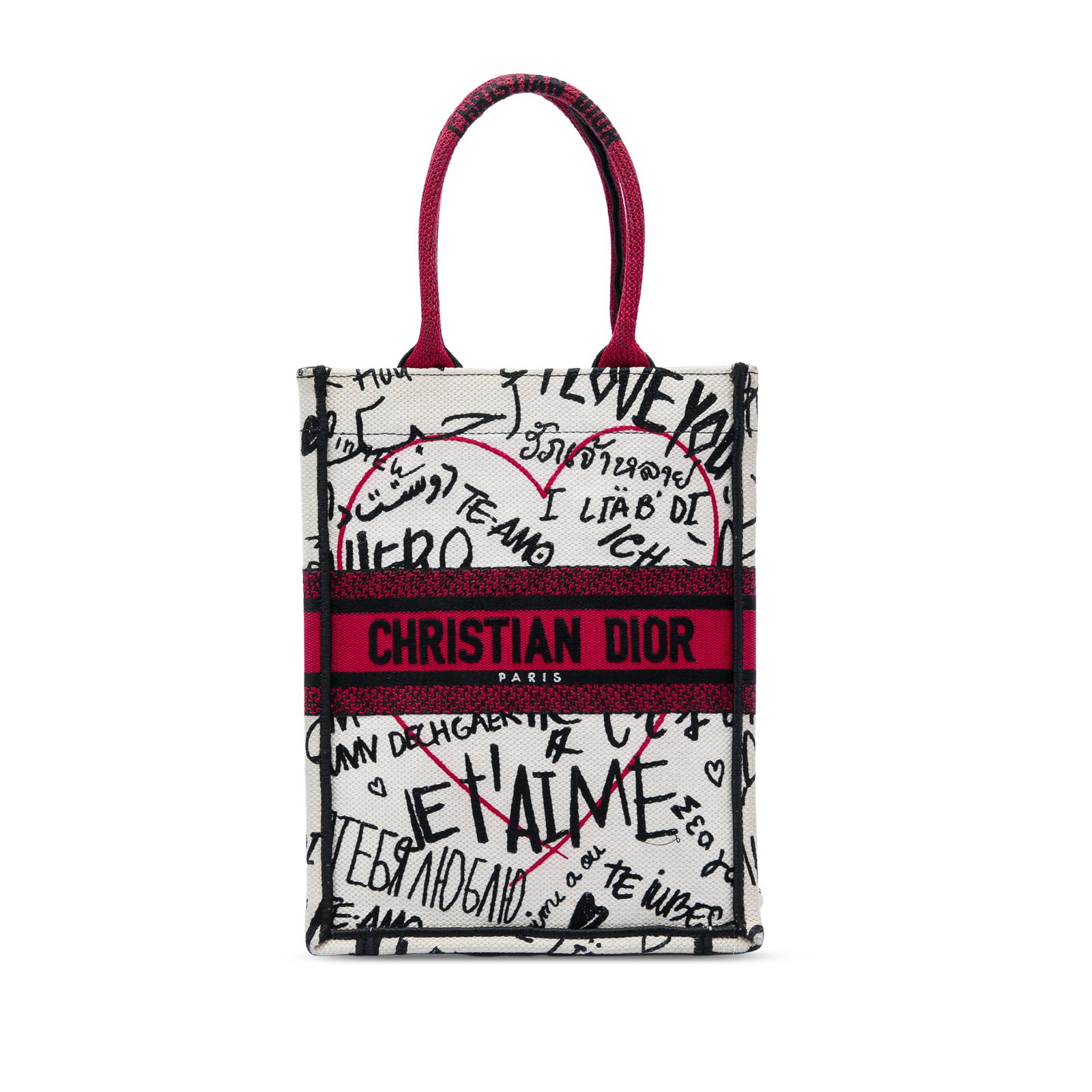 Dior DiorAmour Vertical Book Tote in embroidered canvas: Dior DiorAmour Vertical Book Tote in embroidered canvas A Dior DiorAmour Vertical Book Tote crafted in embroidered canvas with a graffiti design. This open-top tote features rolled handles and a struc