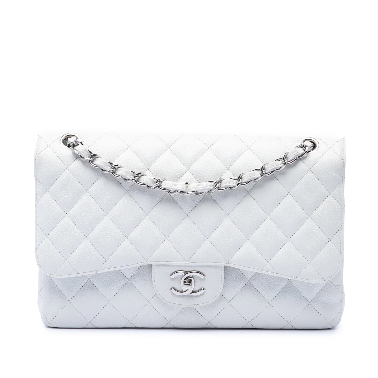 Chanel Jumbo Classic Double Flap Shoulder Bag in White Caviar Leather: Chanel Jumbo Classic Double Flap Shoulder Bag in White Caviar Leather Chanel Jumbo Classic Caviar Double Flap shoulder bag in white quilted caviar leather. This bag features leather-woven chain straps
