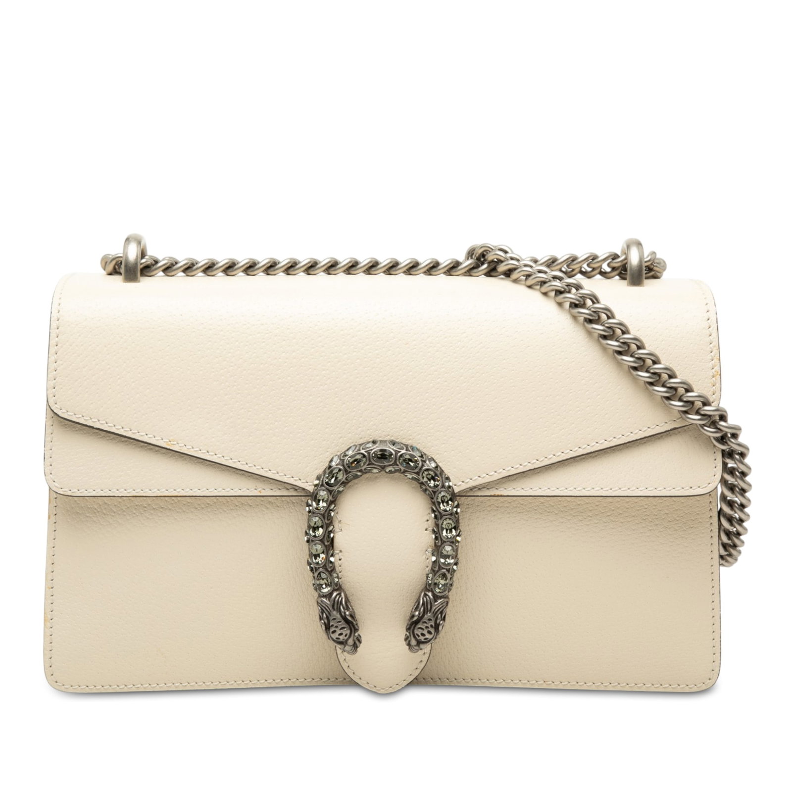 Gucci Dionysus Medium Shoulder Bag in White Calfskin: Gucci Dionysus Medium Shoulder Bag in White Calfskin A Gucci Medium Calfskin Dionysus shoulder bag crafted in white leather with the signature structured flap silhouette. It features a chain shoulder 