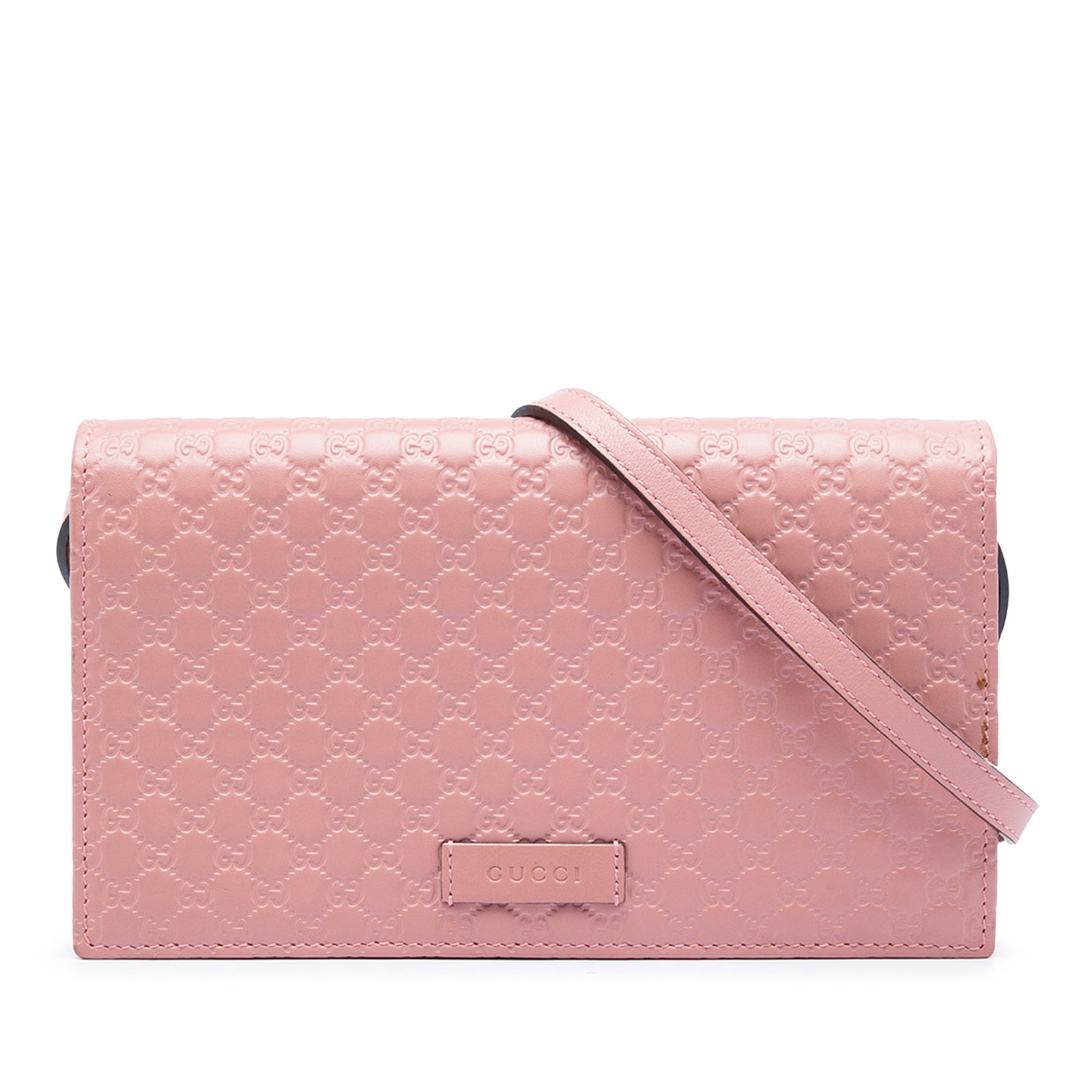 Gucci Microguccissima Leather Crossbody Wallet Bag Pink: Gucci Microguccissima Leather Crossbody Wallet Bag Pink Gucci Microguccissima Wallet on Strap in pink embossed leather. This crossbody style features a flat leather strap, a front flap with magnetic s