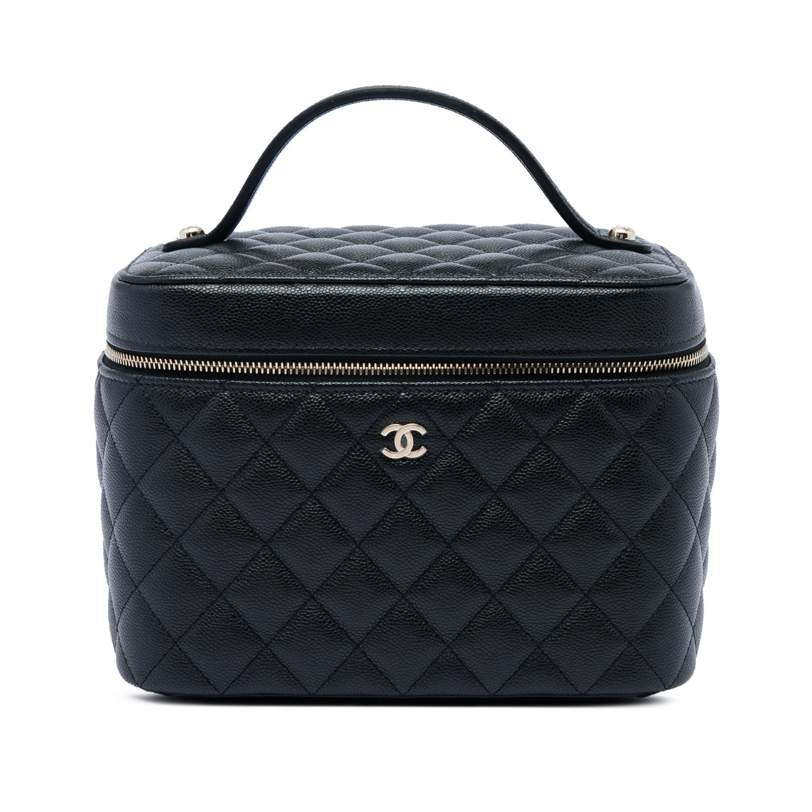 Chanel Medium CC Vanity Case Black Quilted Caviar Leather: Chanel Medium CC Vanity Case Black Quilted Caviar Leather A Chanel Medium CC Quilted Caviar Vanity Case in black leather, made in Italy. This vanity bag features a quilted caviar body, a flat leather 