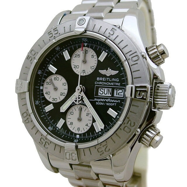 Breitling A13340 Superocean Chronograph Day Date Mens Steel Watch: Breitling A13340 Superocean Chronograph Day Date Mens Steel Watch Breitling Superocean Chronograph Day-Date men's wristwatch with automatic movement, black dial, and stainless steel case and bracelet.