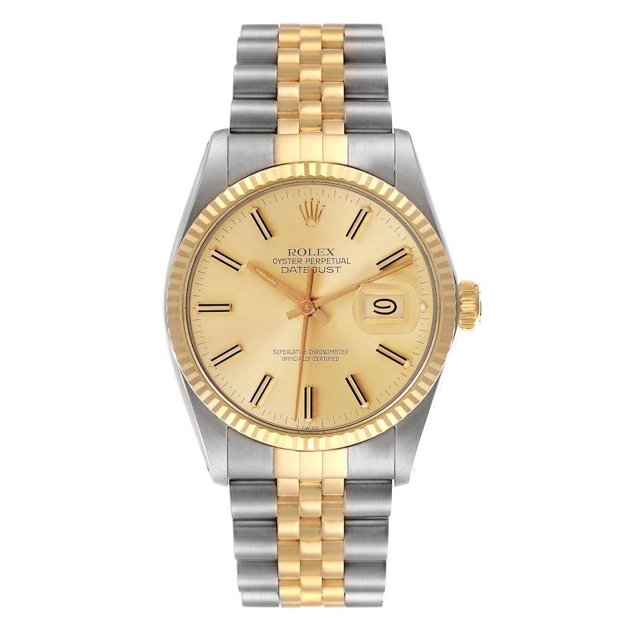 Rolex 16013 Datejust mens watch with champagne dial and Jubilee bracelet: Rolex 16013 Datejust mens watch with champagne dial and Jubilee bracelet Rolex Datejust wristwatch featuring a champagne stick dial, fluted bezel, and D-Link Jubilee bracelet. This men's watch is iden