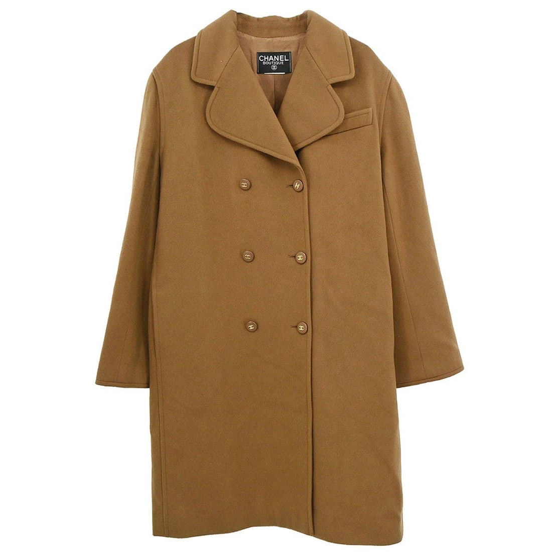 Vintage CHANEL Brown Cashmere Long Sleeve Overcoat Women: Vintage CHANEL Brown Cashmere Long Sleeve Overcoat Women Vintage Chanel long sleeve overcoat in brown cashmere with logo accents. This women's coat has a regular fit and a long silhouette suitable for