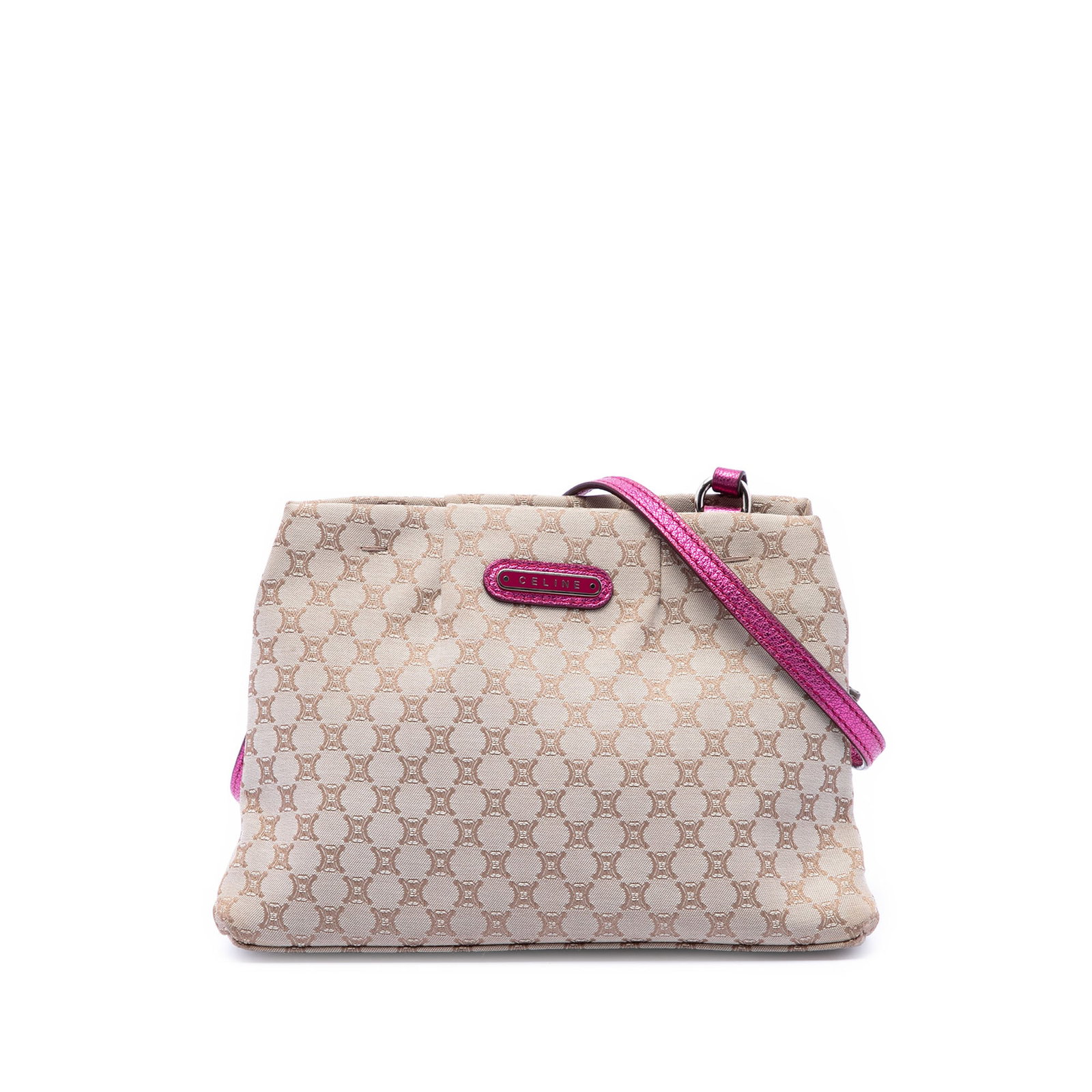 Celine Macadam Kisslock Crossbody Bag in Beige Canvas: Celine Macadam Kisslock Crossbody Bag in Beige Canvas A Celine Macadam Canvas Kisslock Crossbody bag in beige, featuring a canvas body, flat leather strap, open top with kiss lock closure, and an inte