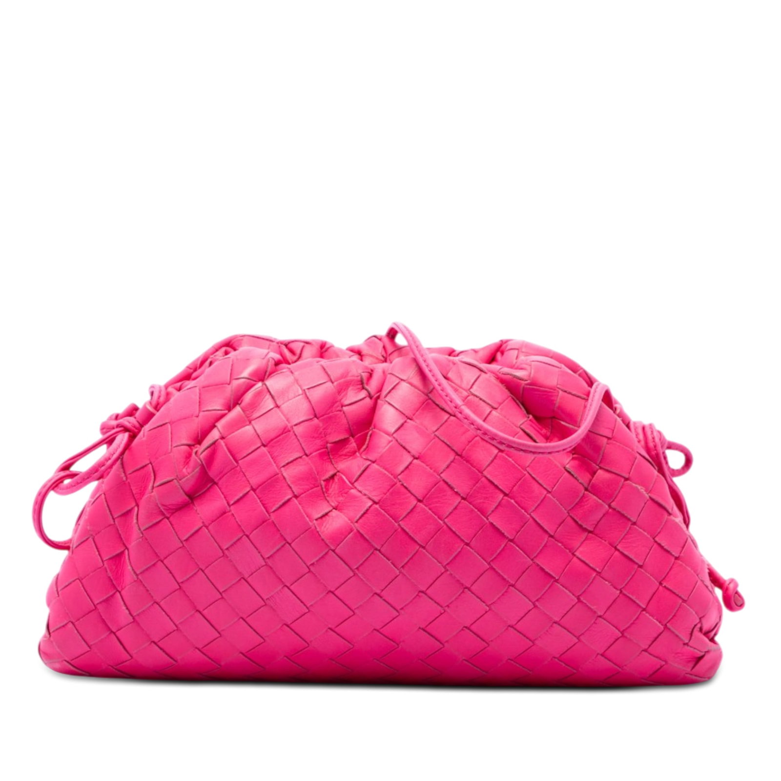 Bottega Veneta The Mini Pouch Intrecciato Nappa Leather Crossbody: Bottega Veneta The Mini Pouch Intrecciato Nappa Leather Crossbody A compact Bottega Veneta Mini Pouch Crossbody crafted in pink woven leather with the signature Intrecciato look. It features a flat le