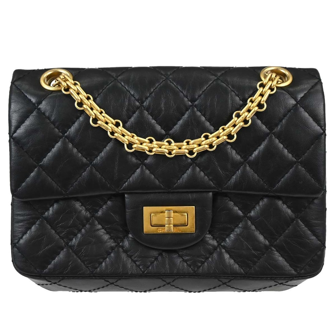 CHANEL 2.55 Mini Flap Crossbody Bag Black Calfskin: CHANEL 2.55 Mini Flap Crossbody Bag Black Calfskin Chanel 2.55 Single Flap shoulder bag in black quilted calfskin leather with a crossbody strap, canvas lining, and gold-color hardware. This women's b
