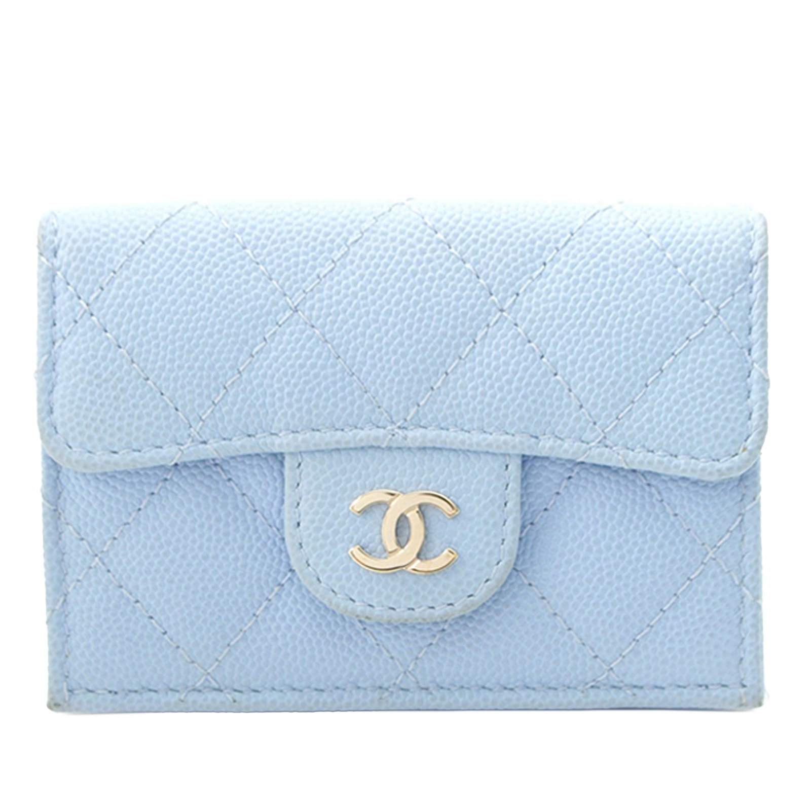 Chanel CC Caviar Quilted Trifold Leather Wallet Blue: Chanel CC Caviar Quilted Trifold Leather Wallet Blue Compact Chanel tri-fold flap wallet in blue quilted caviar leather with a snap closure and interior slip pockets. Made in France, this piece includ