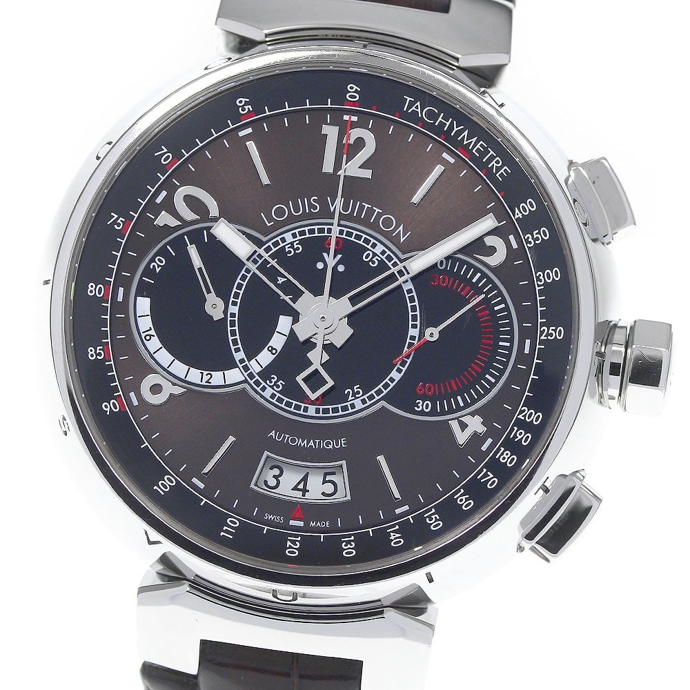 Louis Vuitton Tambour Voyage Q102A mens chronograph wristwatch: Louis Vuitton Tambour Voyage Q102A mens chronograph wristwatch Louis Vuitton Tambour Chronograph Voyage men's wristwatch with automatic movement and a brown dial. This limited edition reference Q102A 