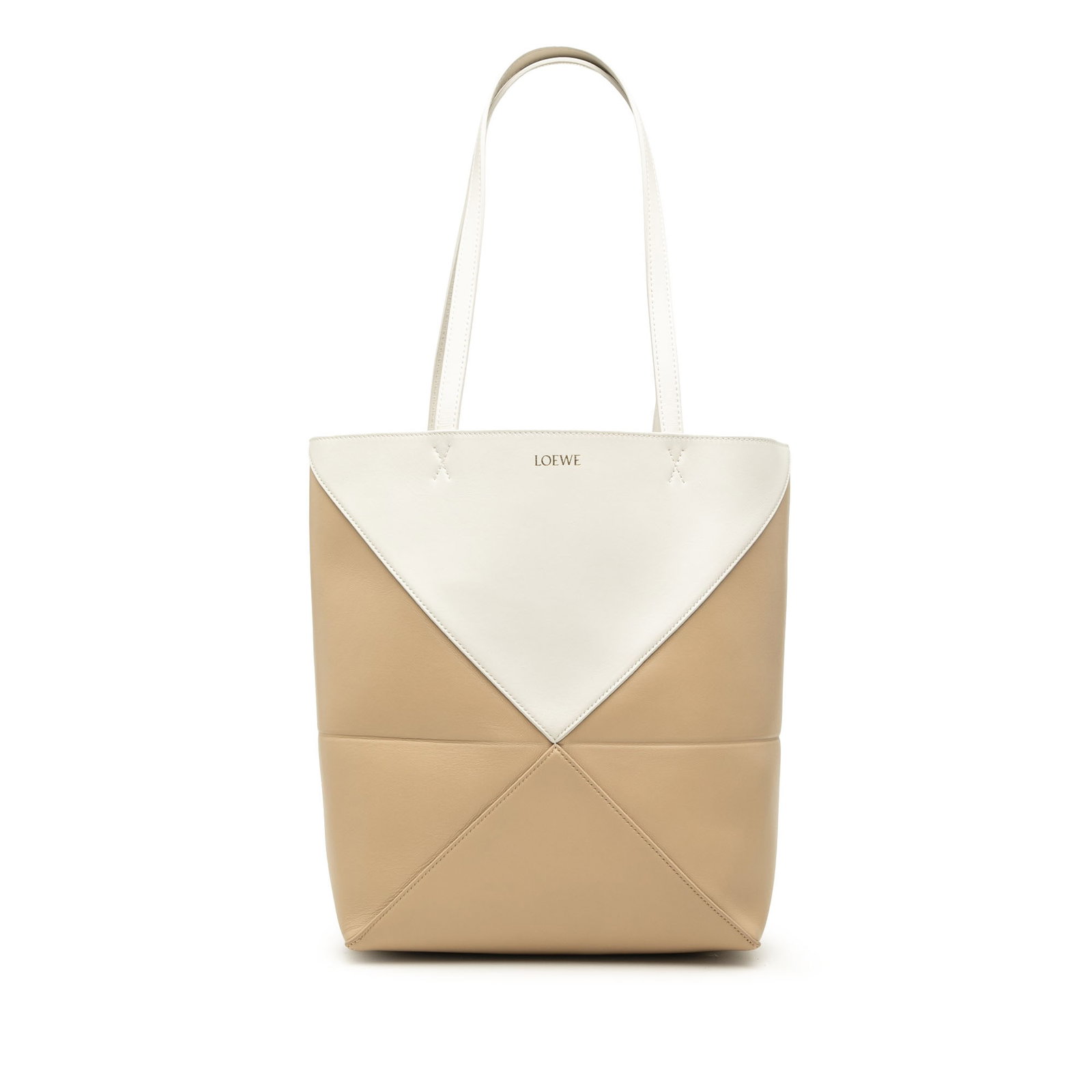 LOEWE Puzzle Fold Tote Medium Bicolor Shiny Calfskin Bag: LOEWE Puzzle Fold Tote Medium Bicolor Shiny Calfskin Bag A medium LOEWE Puzzle Fold Tote crafted in bicolor shiny calfskin leather. This tote features flat leather straps and an open top. The bag incl