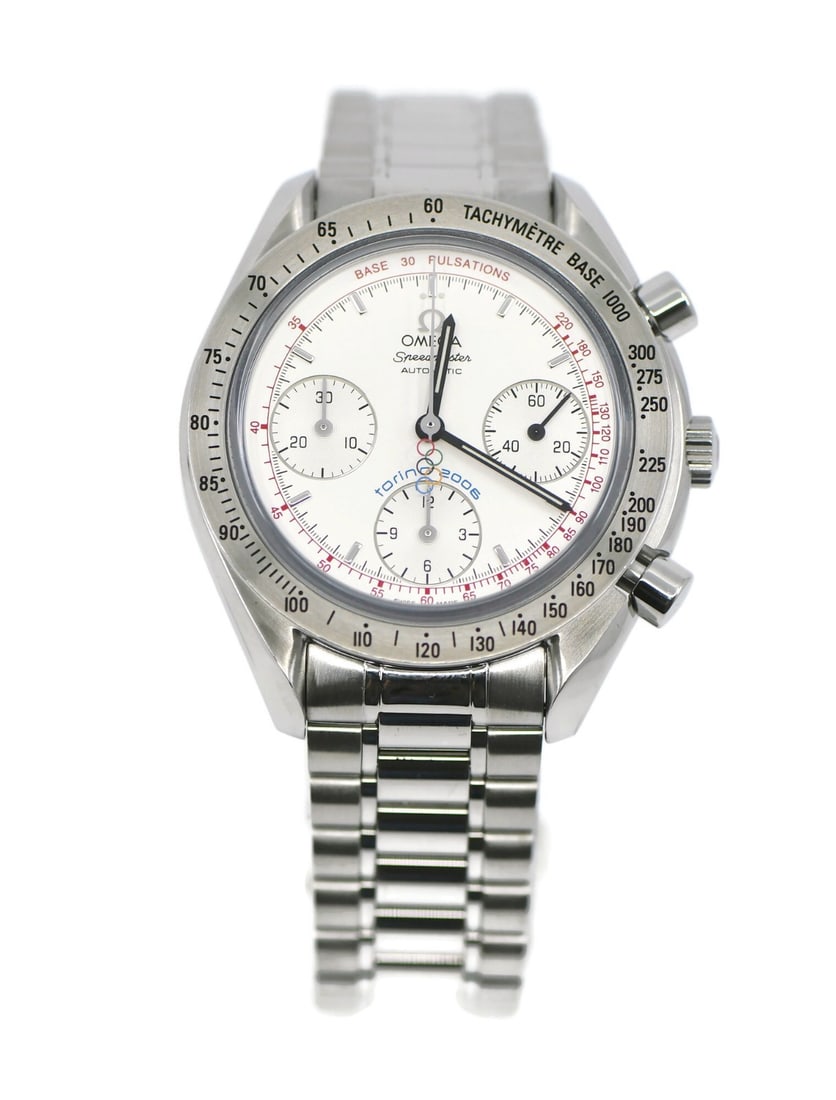 Omega 3538.30 Speedmaster Torino 2006 Olympic chronograph watch: Omega 3538.30 Speedmaster Torino 2006 Olympic chronograph watch Omega Speedmaster Olympic Torino 2006 wristwatch in stainless steel with a polished round case, white analog dial, and matching stainles