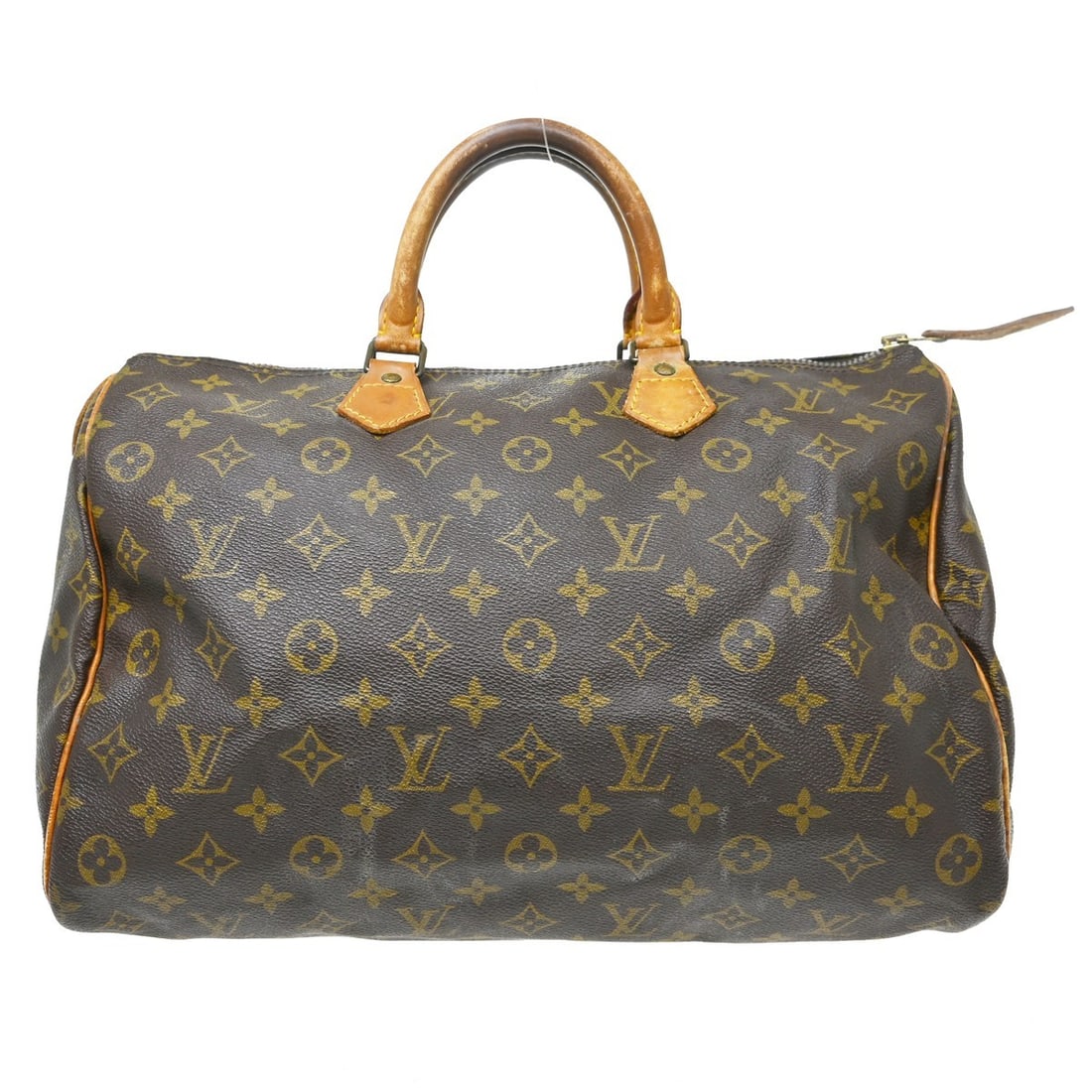 Louis Vuitton Speedy 35 Monogram Satchel Bag M41524: Louis Vuitton Speedy 35 Monogram Satchel Bag M41524 Vintage Louis Vuitton Speedy 35 satchel in the Monogram line with double leather handles, zip closure, and brown canvas-lined interior. Made in Fran