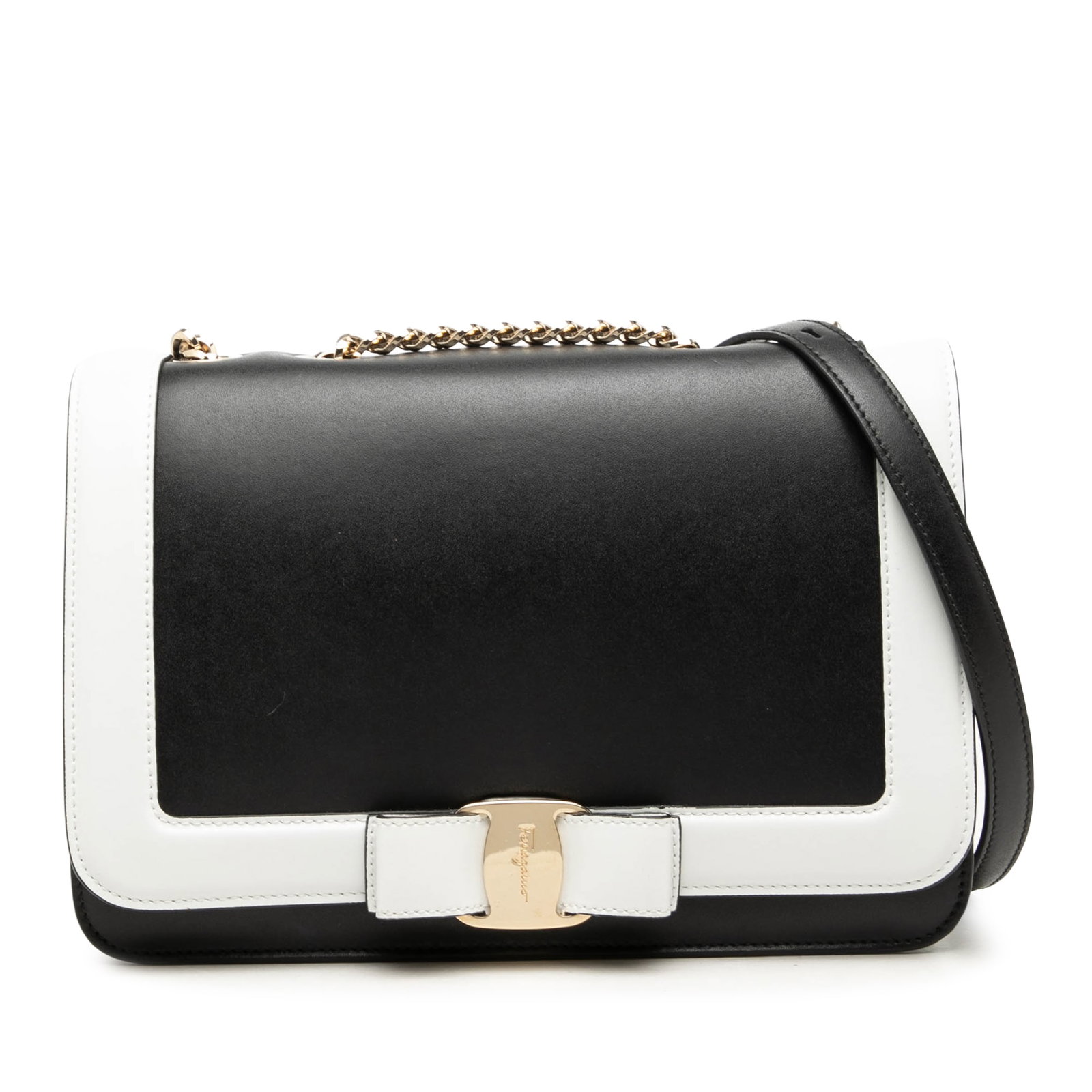 Ferragamo Vara Bow Leather Crossbody Bag in Black: Ferragamo Vara Bow Leather Crossbody Bag in Black Ferragamo bicolor leather crossbody bag with the signature Vara bow detail. The design features a chain link strap with an adjustable flat leather sho