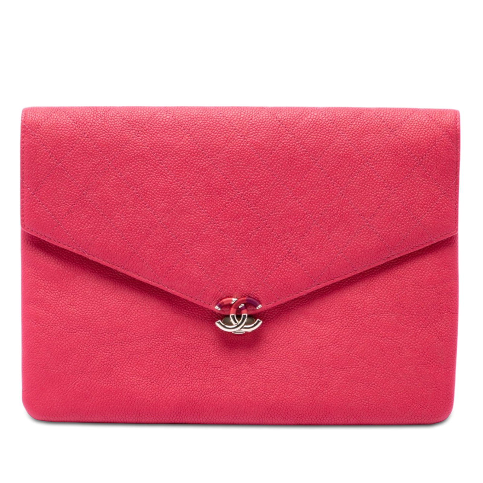 Chanel Paris Cuba Envelope Clutch in Pink Quilted Caviar Leather: Chanel Paris Cuba Envelope Clutch in Pink Quilted Caviar Leather Envelope clutch crafted in pink quilted caviar leather with thread-around detailing and a front flap with push lock closure. Condition 