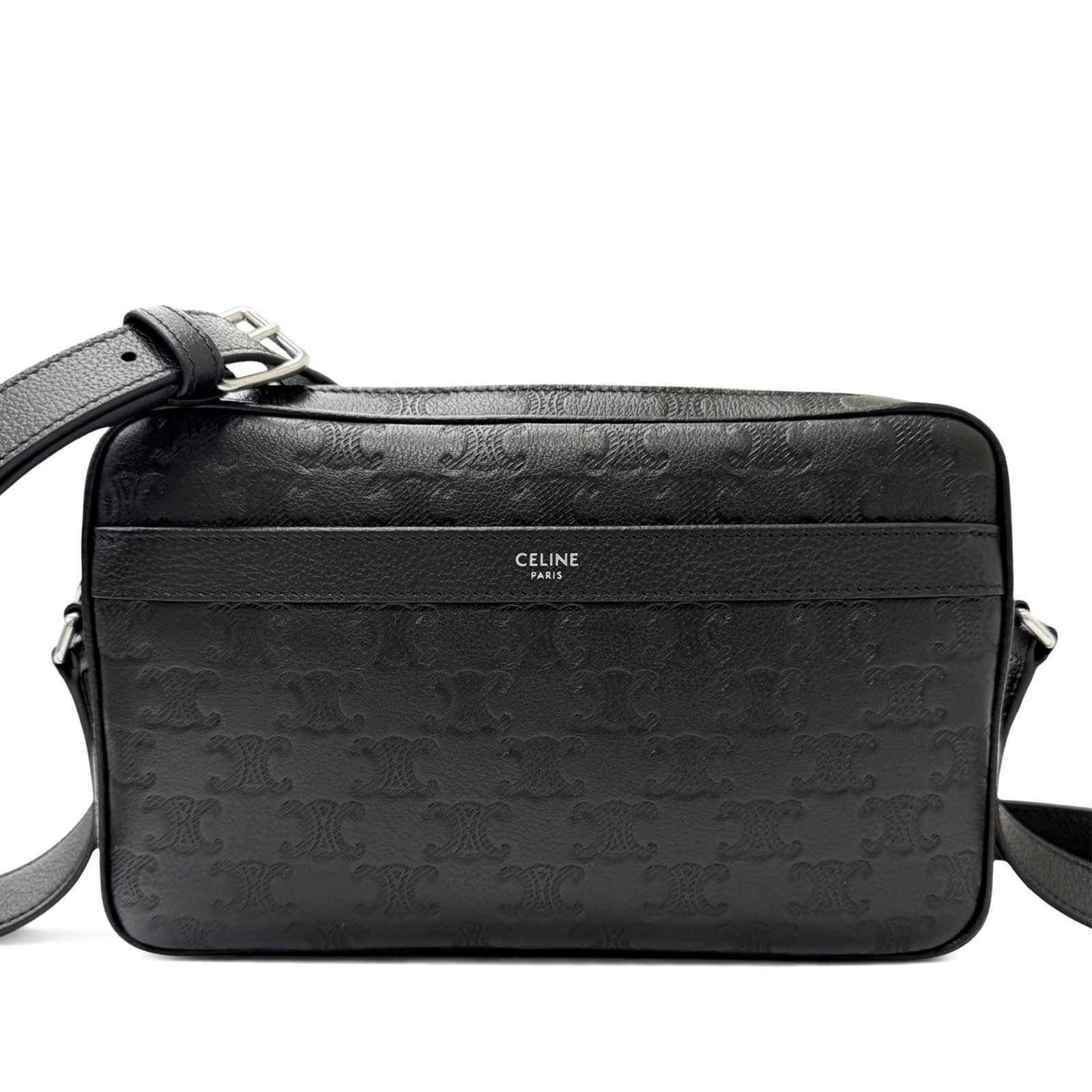 Celine Triomphe Medium Calfskin Crossbody Bag in Black: Celine Triomphe Medium Calfskin Crossbody Bag in Black A Celine Medium Triomphe messenger bag crafted in embossed calfskin leather with a streamlined crossbody design. It features an adjustable flat l