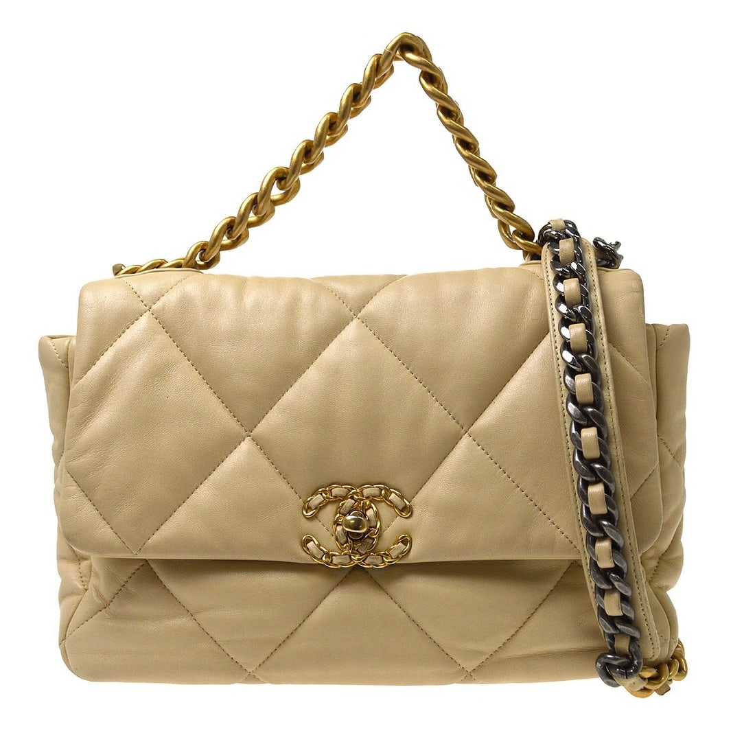 CHANEL 19 Beige Lambskin Shoulder Bag with Chain Strap: CHANEL 19 Beige Lambskin Shoulder Bag with Chain Strap A Chanel 19 large 2way handbag in beige lambskin leather with a turn-lock closure, chain strap, logo accents, and leather lining. Made in France,