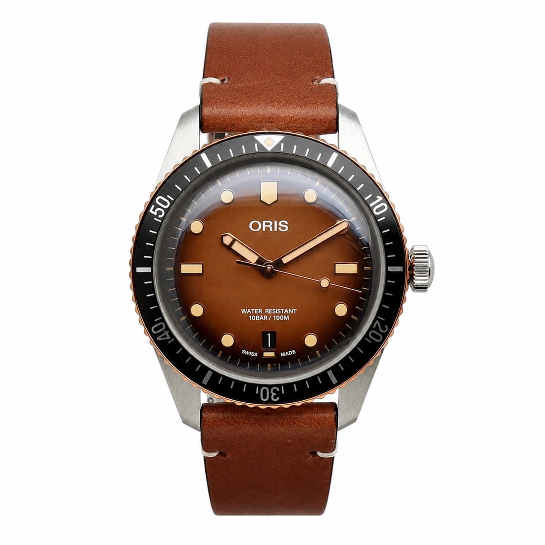 Oris Divers Sixty Five Mens Automatic Watch Brown Dial Blue Leather Strap (1 of 4)