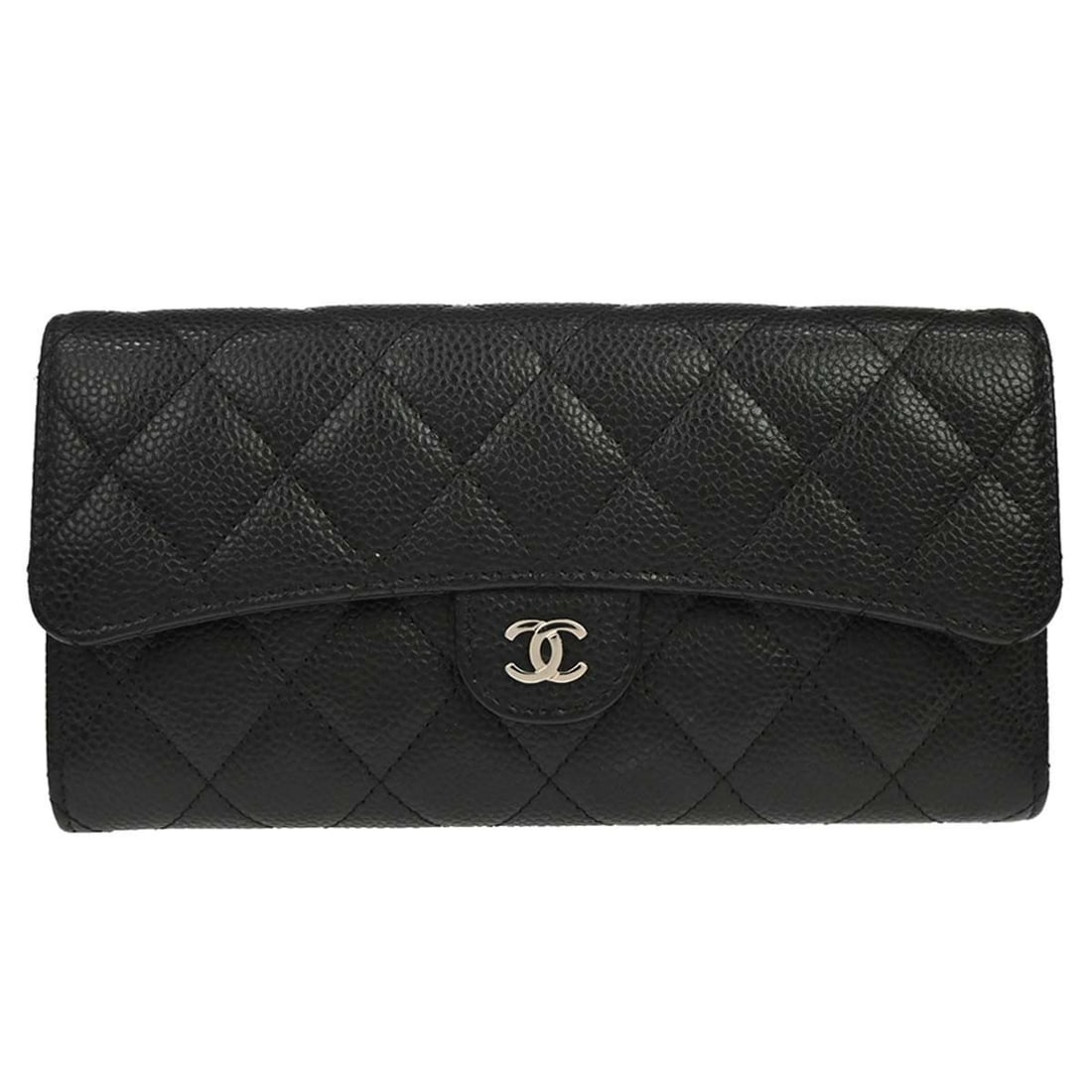 CHANEL CC Caviar Skin Folding Wallet Black Push Lock: CHANEL CC Caviar Skin Folding Wallet Black Push Lock A Chanel long wallet for women in black caviar skin leather with a CC pattern and folding design. It is described as vintage and made in France. Th