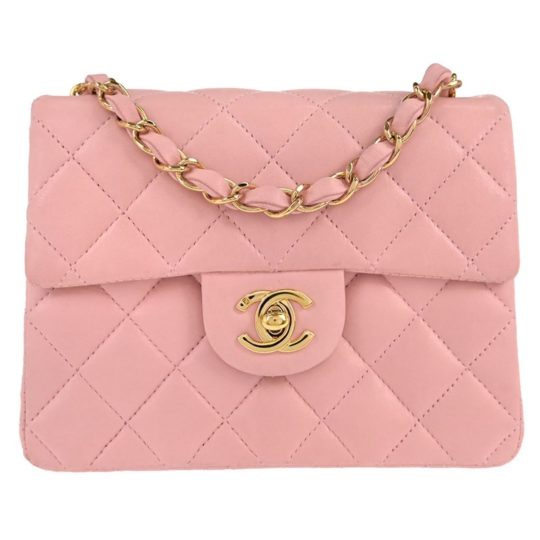 CHANEL Mini Classic Square Flap Crossbody Bag Pink Lambskin: CHANEL Mini Classic Square Flap Crossbody Bag Pink Lambskin Chanel Classic Flap Mini Square chain shoulder bag in pink lambskin with a matelasse quilted exterior and flap turnlock closure. This small 