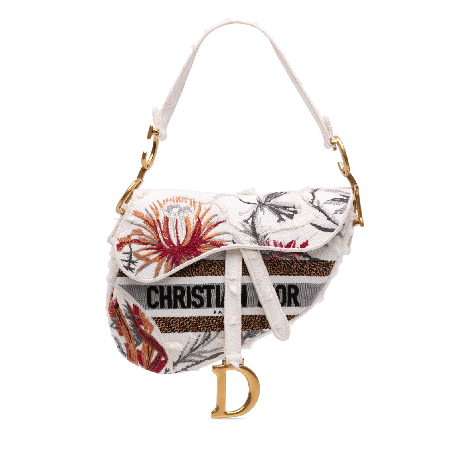 Dior Saddle Bag in embroidered canvas with camouflage floral motif: Dior Saddle Bag in embroidered canvas with camouflage floral motif A Dior Saddle bag crafted in embroidered canvas with a camouflage floral design. This bag features a flat leather shoulder strap, a f
